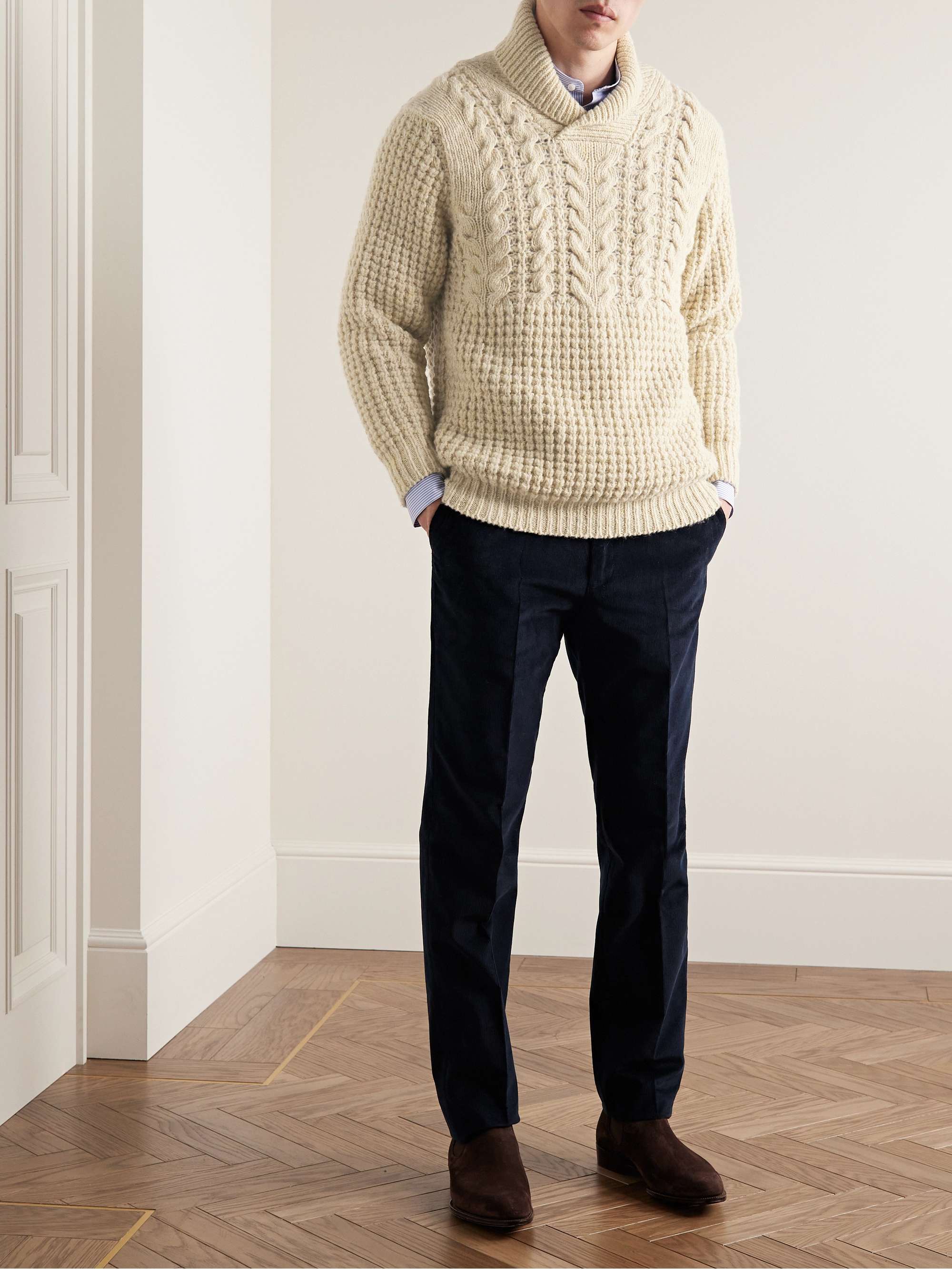 KINGSMAN Shawl-Collar Cable-Knit Donegal Wool Sweater