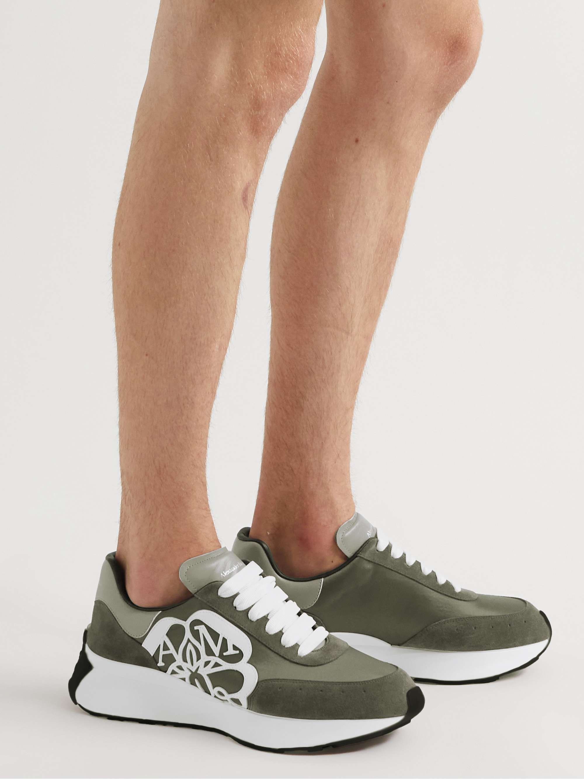 ALEXANDER MCQUEEN Sprint Runner Exaggerated-Sole Appliquéd Satin, Leather and Suede Sneakers
