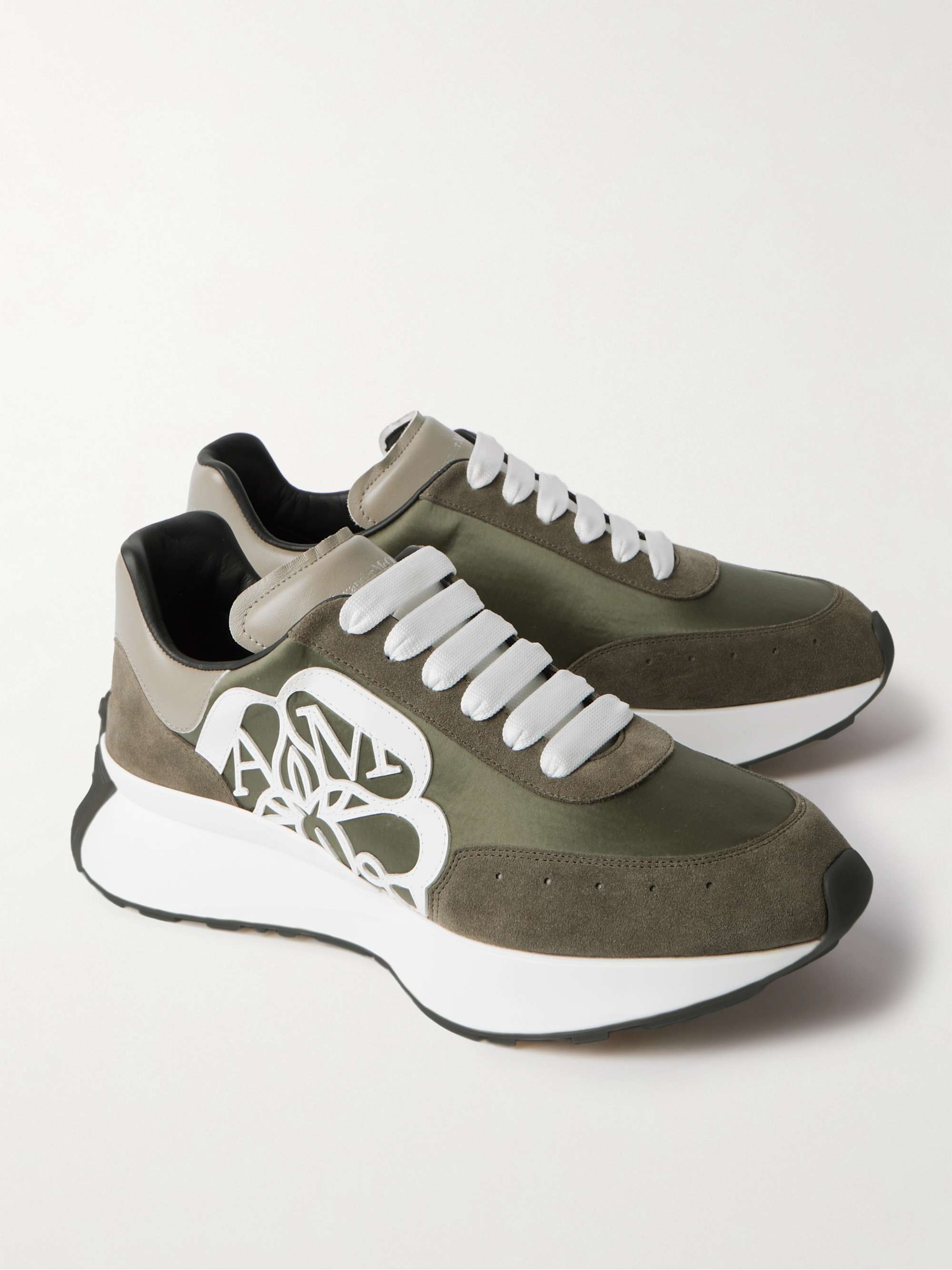 ALEXANDER MCQUEEN Sprint Runner Exaggerated-Sole Appliquéd Satin, Leather and Suede Sneakers