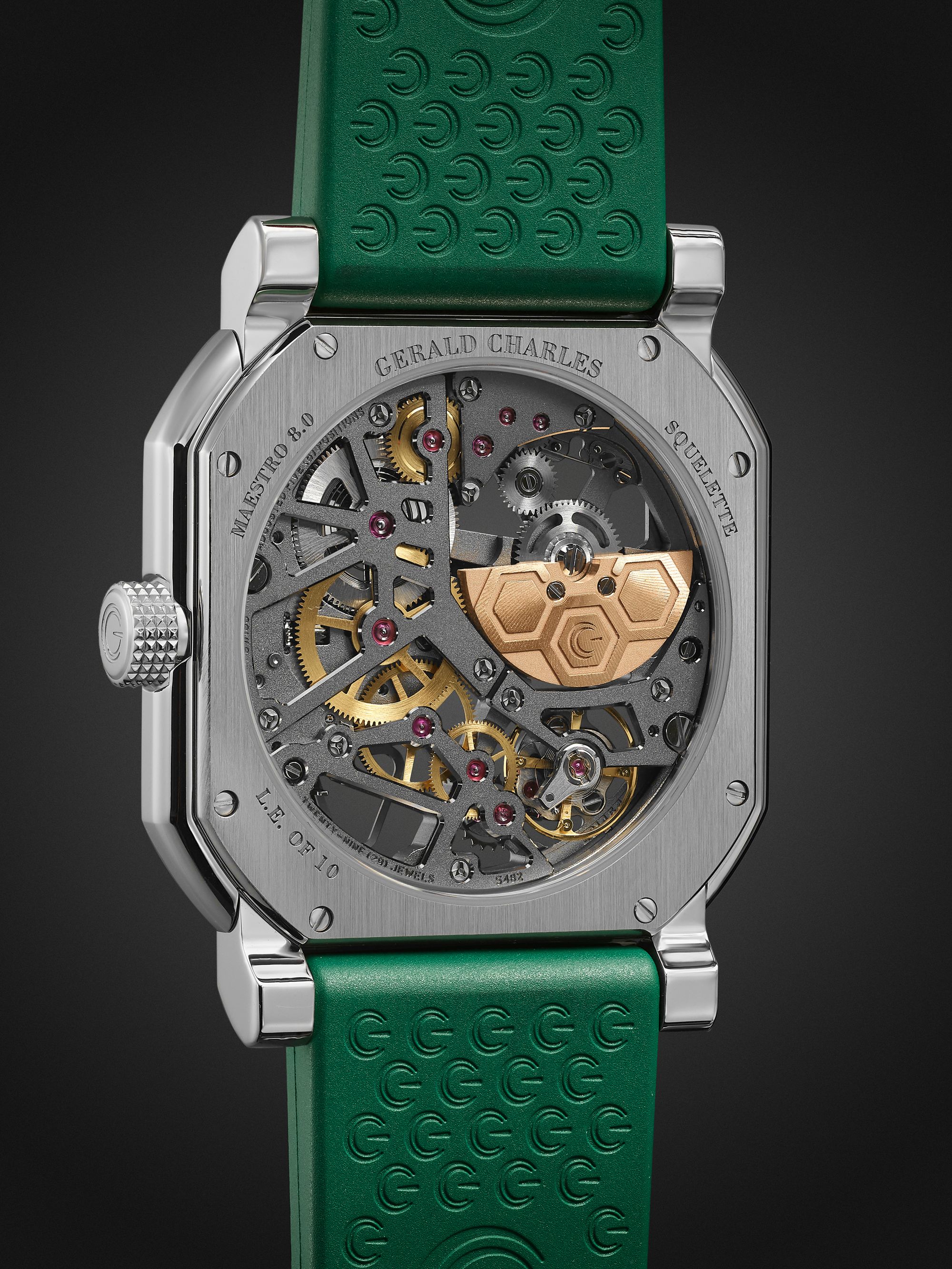 GERALD CHARLES + Octavio Garcia Maestro 8.0 Squelette Limited Edition 39mm Automatic Stainless Steel, Rubber and Emerald Watch, Ref. No. GC8.0-SQ-A-00-E1517236E