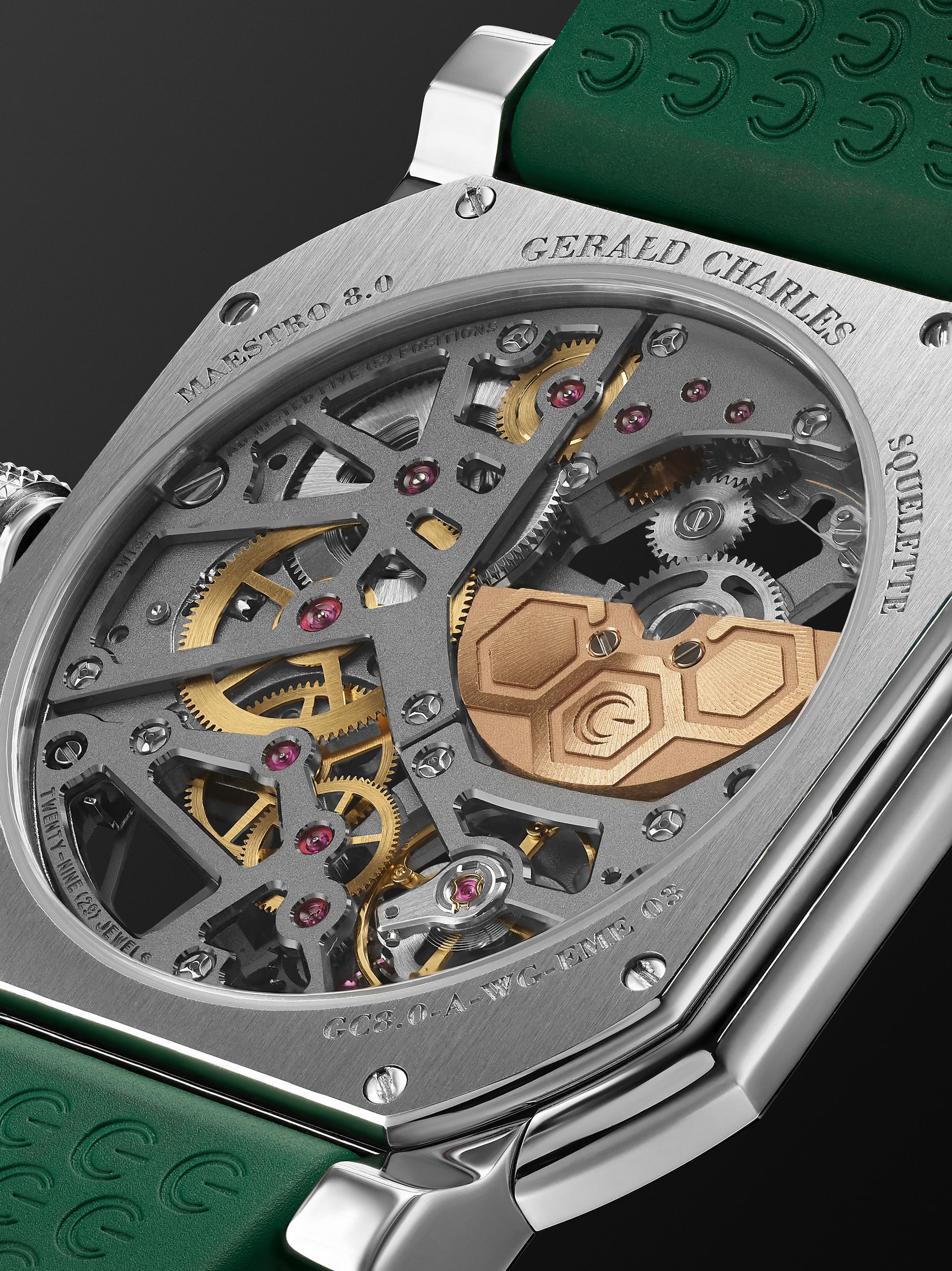 GERALD CHARLES + Octavio Garcia Maestro 8.0 Squelette Limited Edition 39mm Automatic Stainless Steel, Rubber and Emerald Watch, Ref. No. GC8.0-SQ-A-00-E1517236E