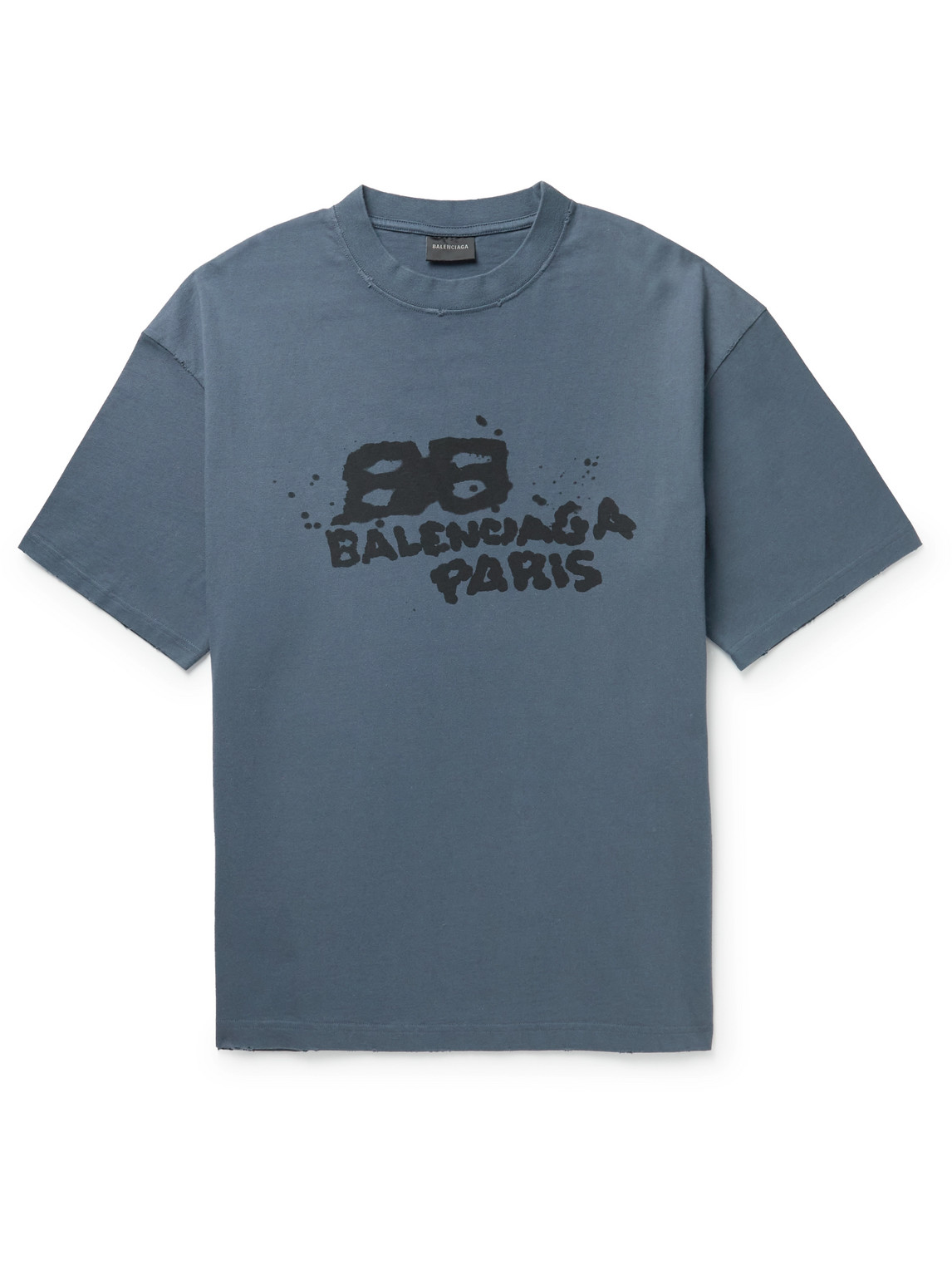 Balenciaga Distressed Logo-print Cotton-jersey T-shirt In Blue