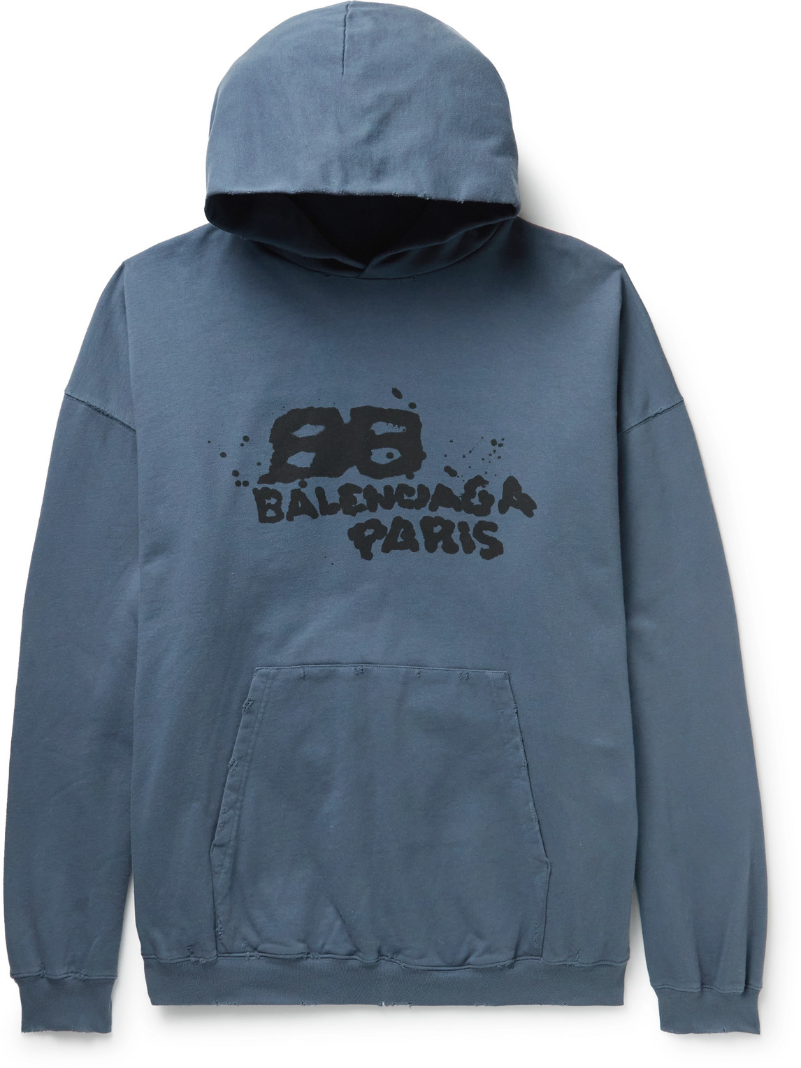 Balenciaga Oversized Distressed Logo-print Cotton Hoodie In Blue