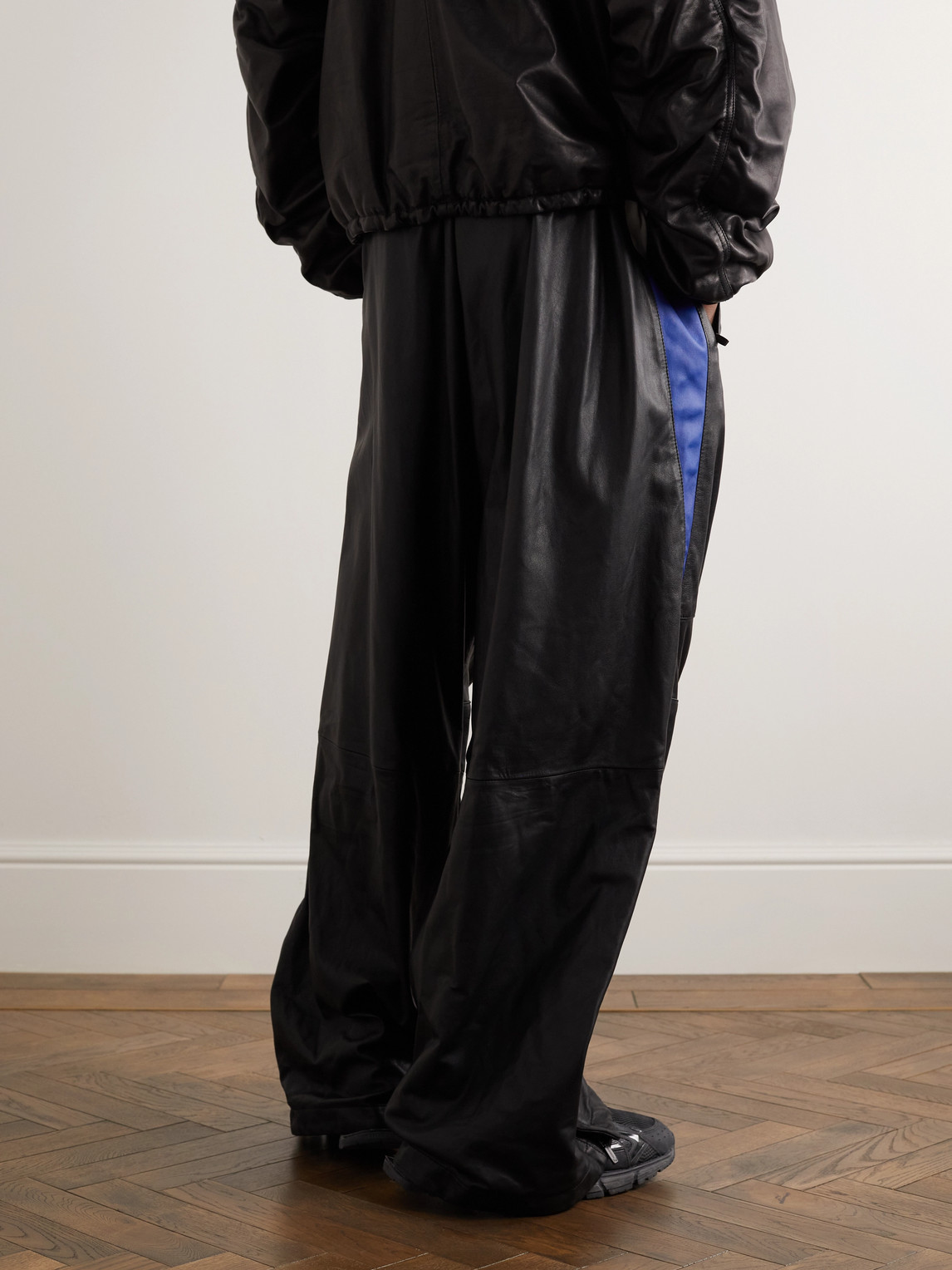 Shop Balenciaga Straight-leg Striped Leather Sweatpants In Black