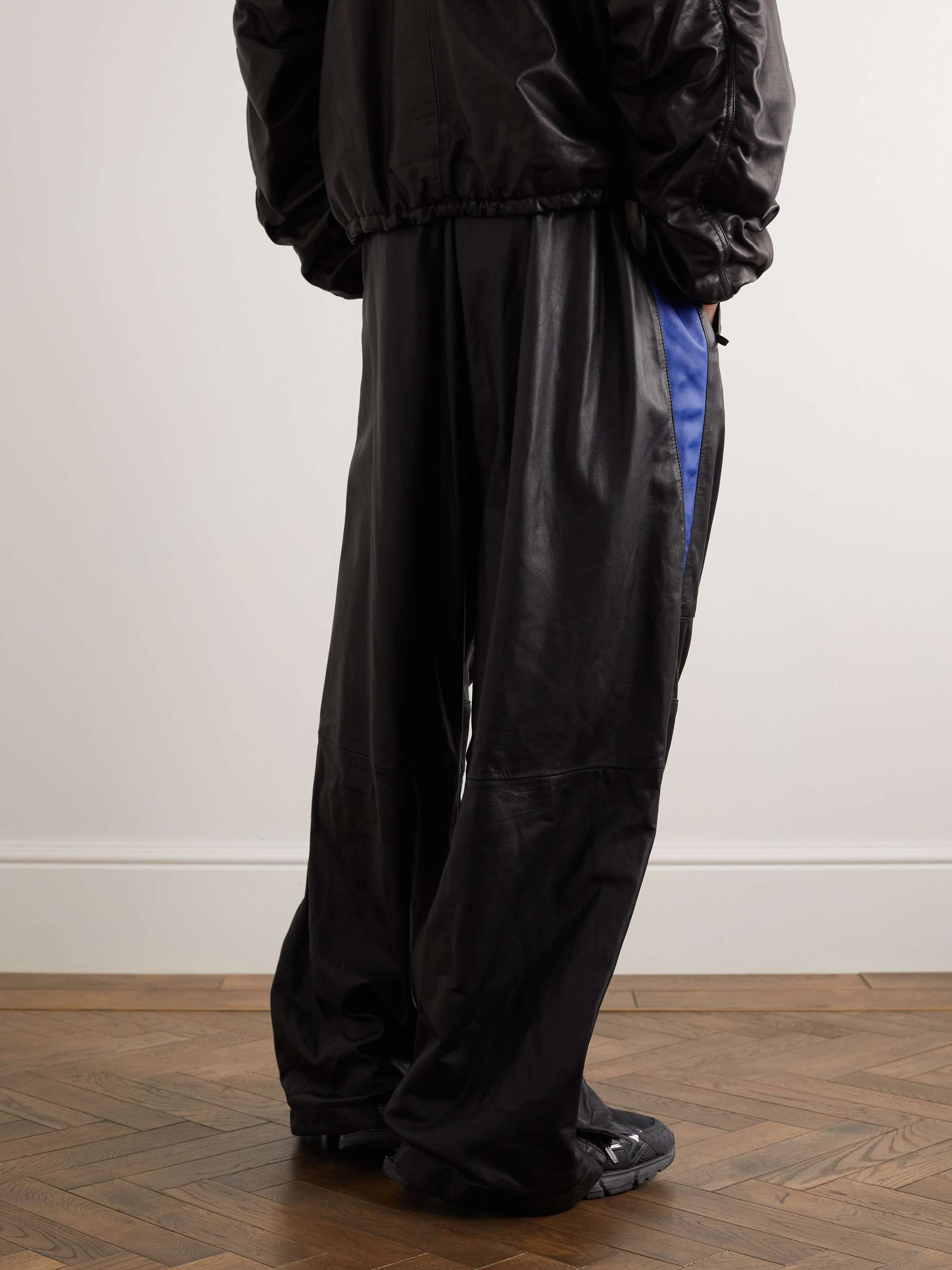 BALENCIAGA Straight-Leg Striped Leather Sweatpants