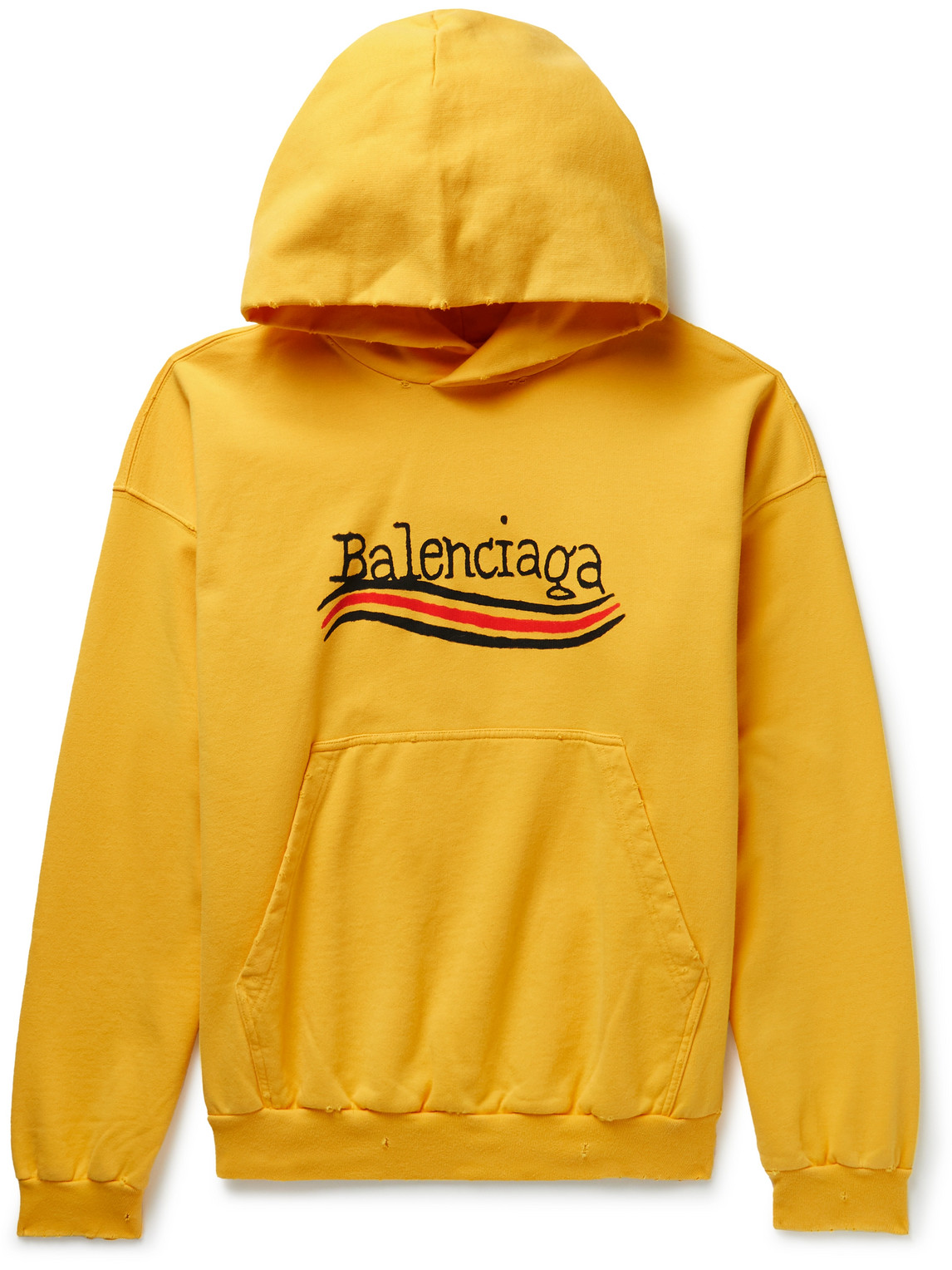 Balenciaga Distressed Logo-print Cotton-jersey Hoodie In Yellow