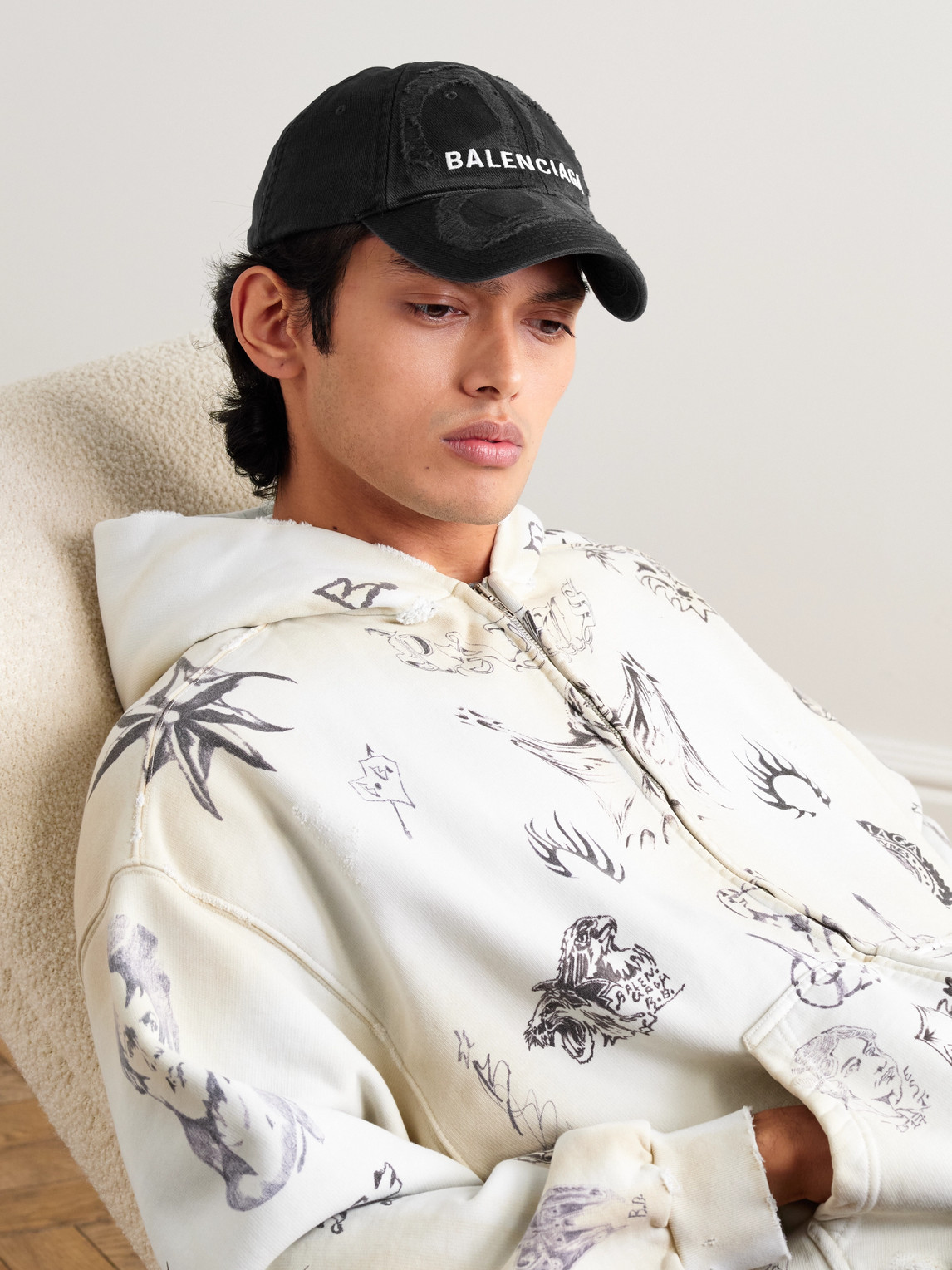 Shop Balenciaga Bb Distressed Logo-embroidered Cotton-twill Baseball Cap In Black