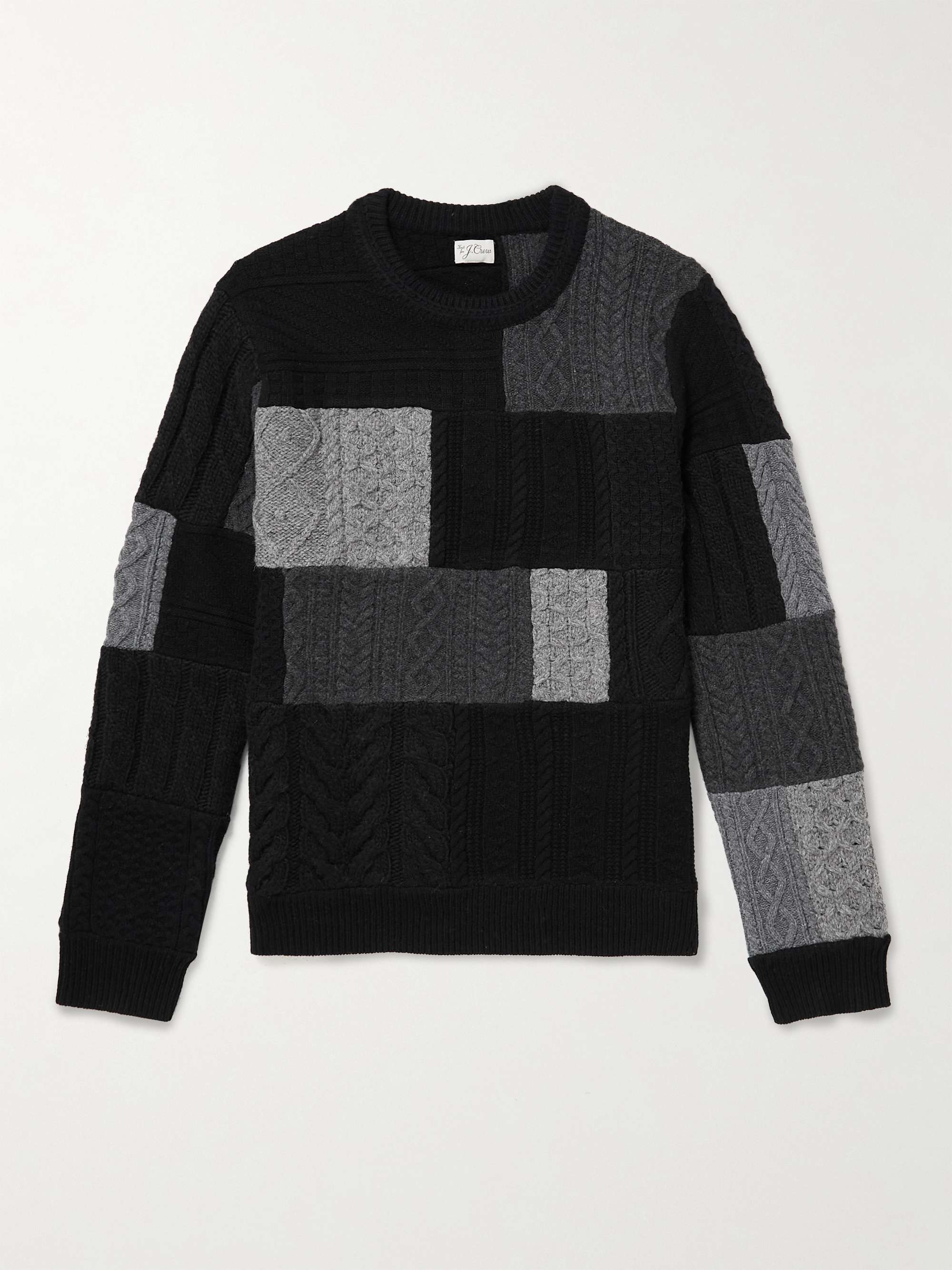 J.CREW Patchwork Cable-Knit Wool and Cashmere-Blend Sweater
