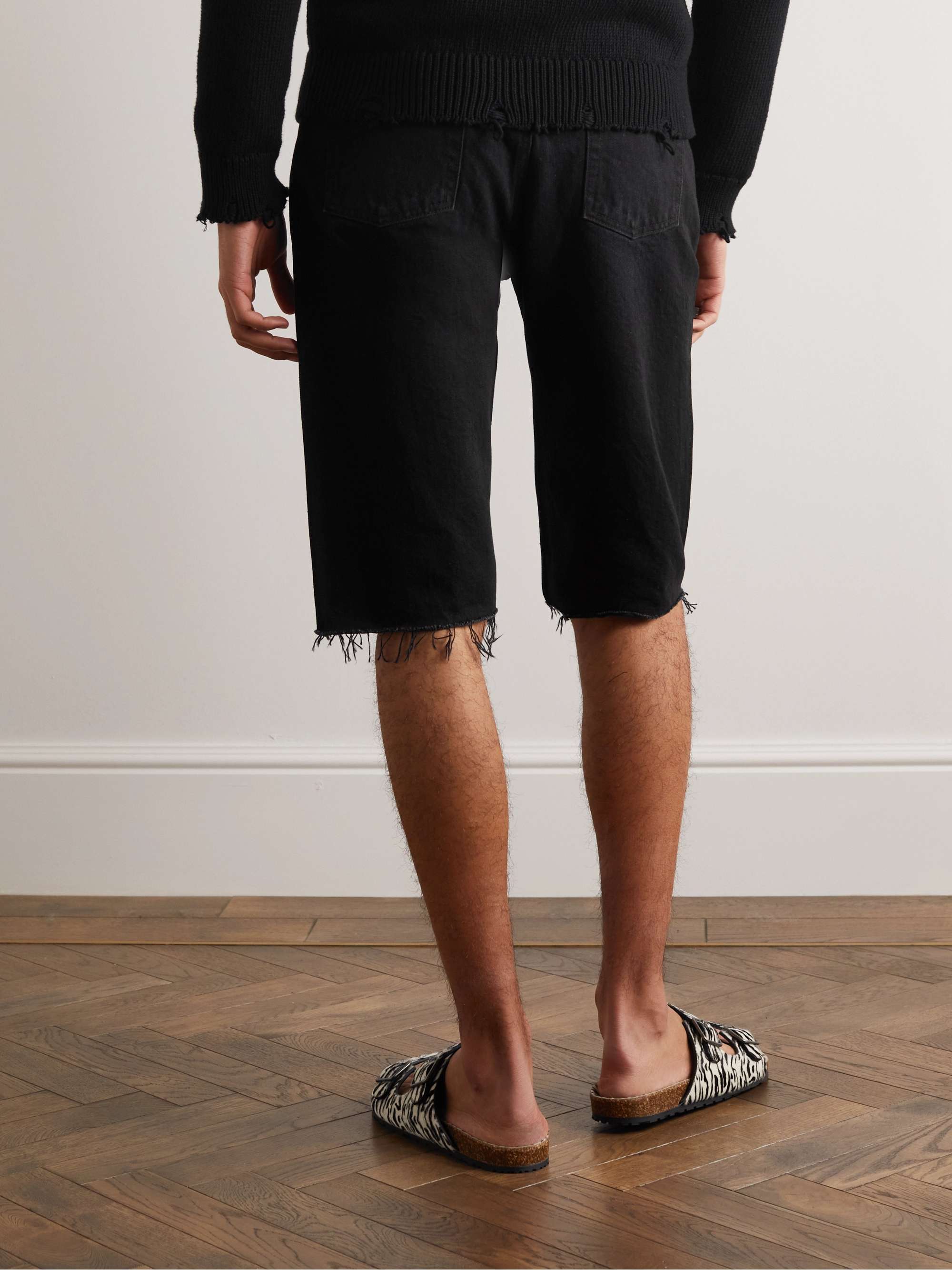 SAINT LAURENT Straight-Leg Distressed Leather-Trimmed Denim Shorts