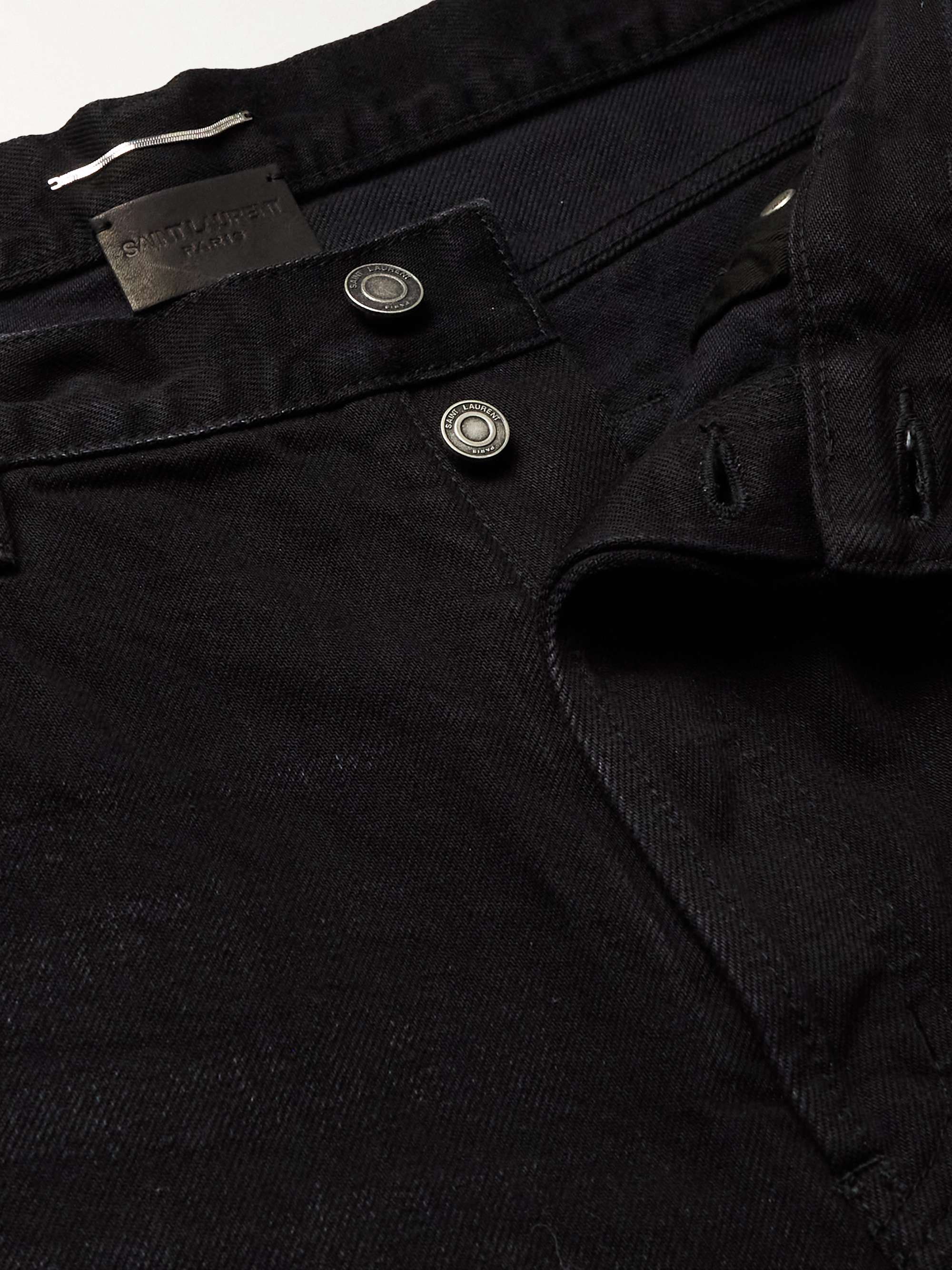 SAINT LAURENT Straight-Leg Distressed Leather-Trimmed Denim Shorts