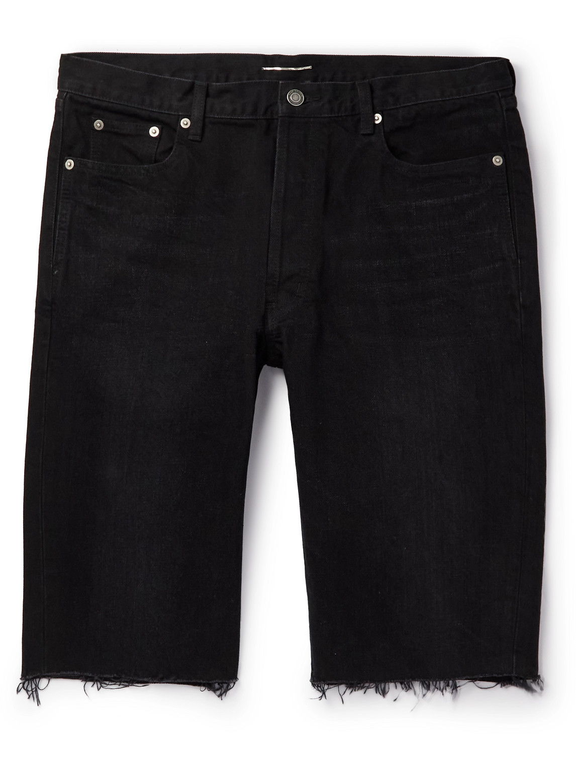 Saint Laurent Straight-leg Distressed Leather-trimmed Denim Shorts In Black