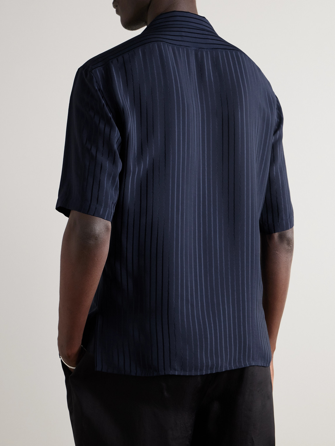 Shop Saint Laurent Camp-collar Striped Silk-charmeuse Shirt In Blue