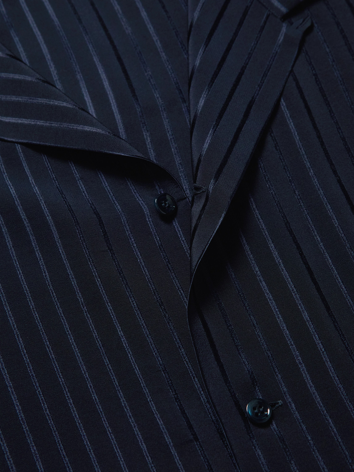 Saint Laurent Camp-collar Striped Silk-charmeuse Shirt In Blue