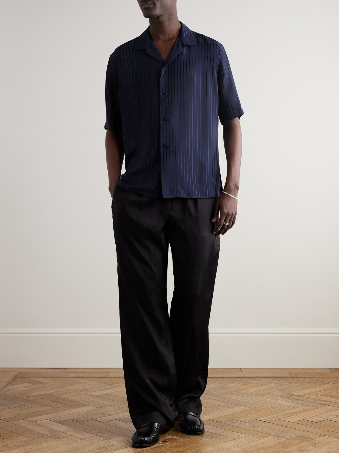 Saint Laurent Camp-collar Striped Silk-charmeuse Shirt In Blue