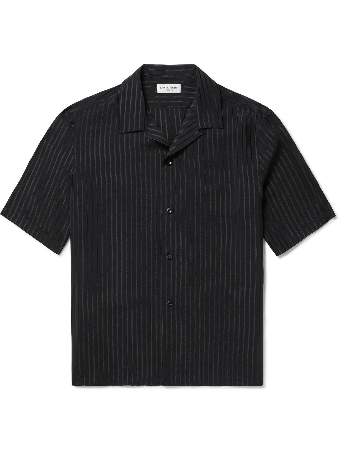 Saint Laurent Camp-collar Striped Silk-charmeuse Shirt In Black