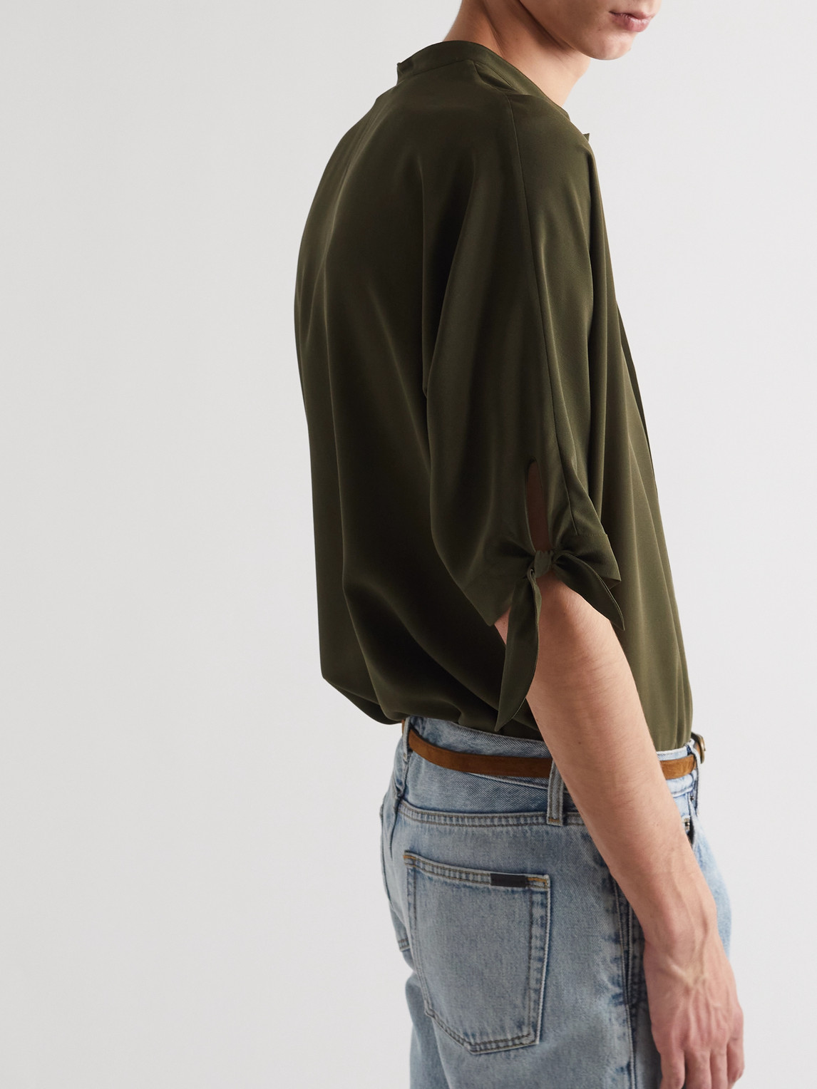 Shop Saint Laurent Grandad-collar Silk Shirt In Green
