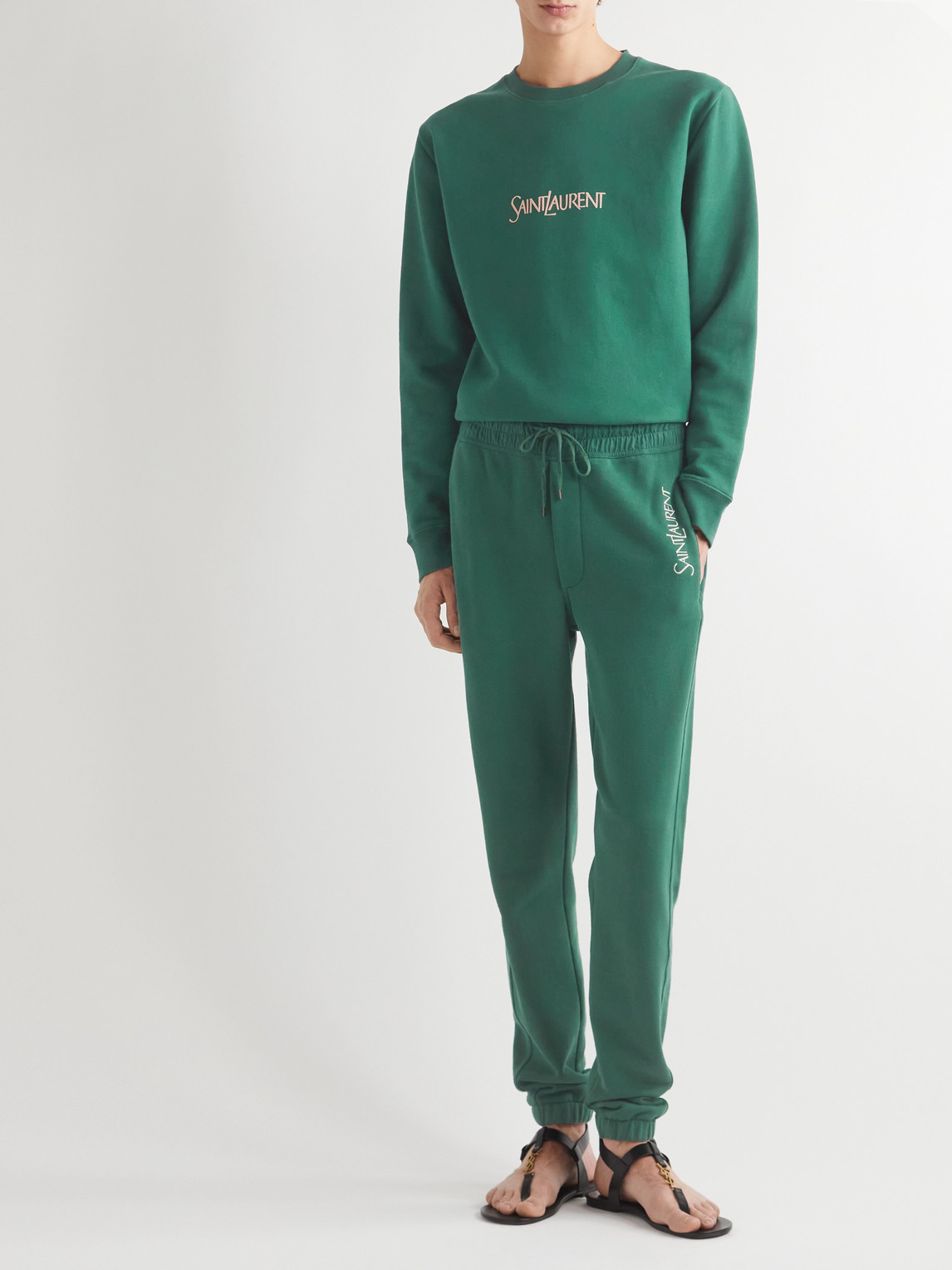 Shop Saint Laurent Logo-print Cotton-jersey Sweatshirt In Green