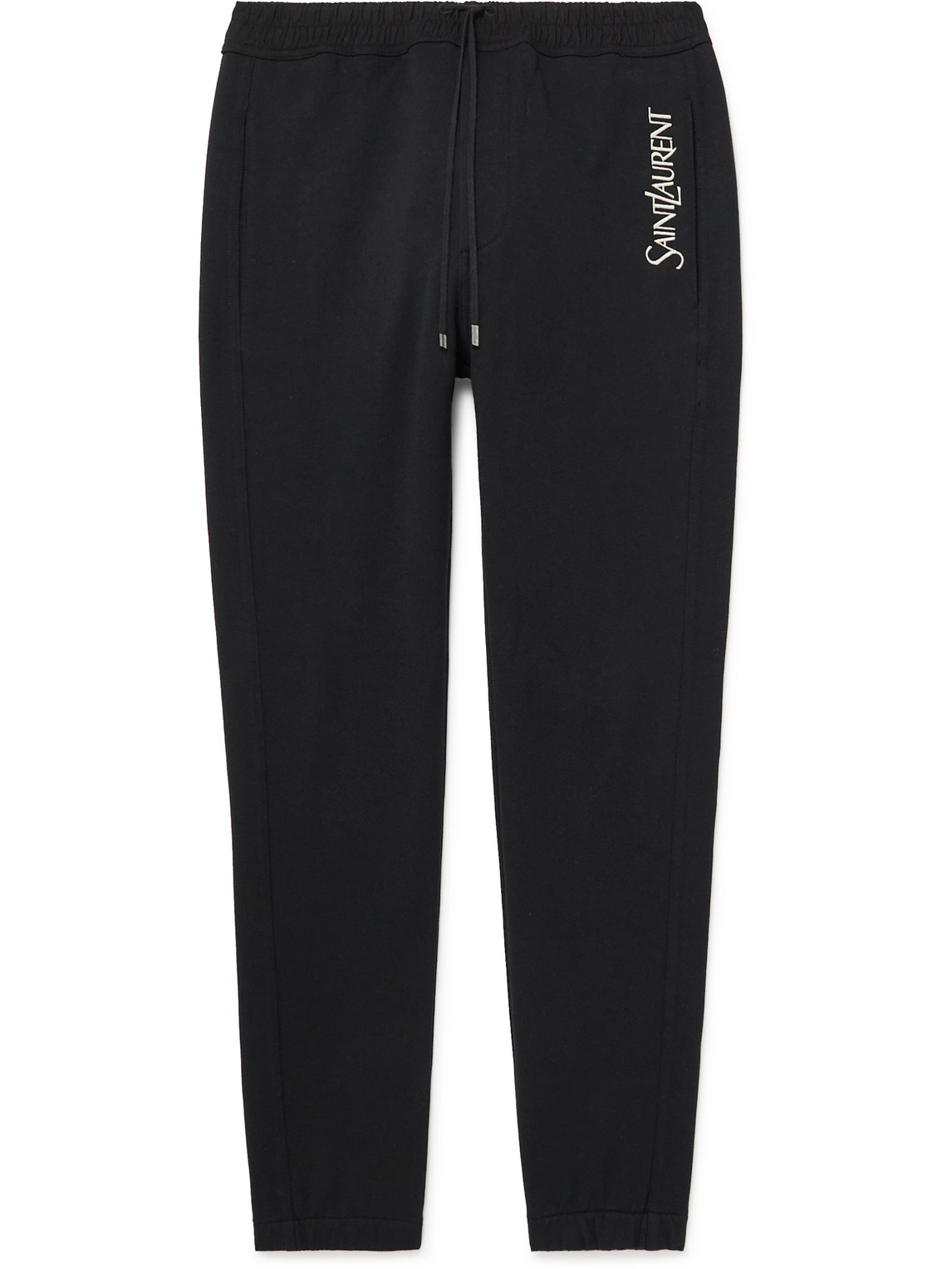 Shop Saint Laurent Tapered Logo-embroidered Cotton-jersey Sweatpants In Black