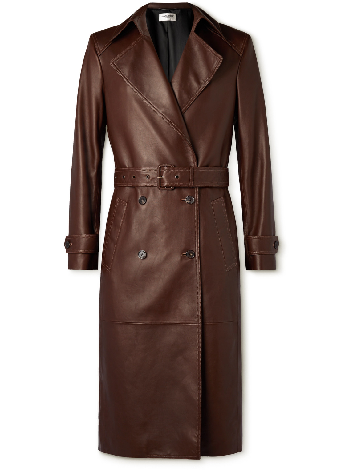 Saint Laurent Double-breasted Belted Leather Trench Coat In Brown