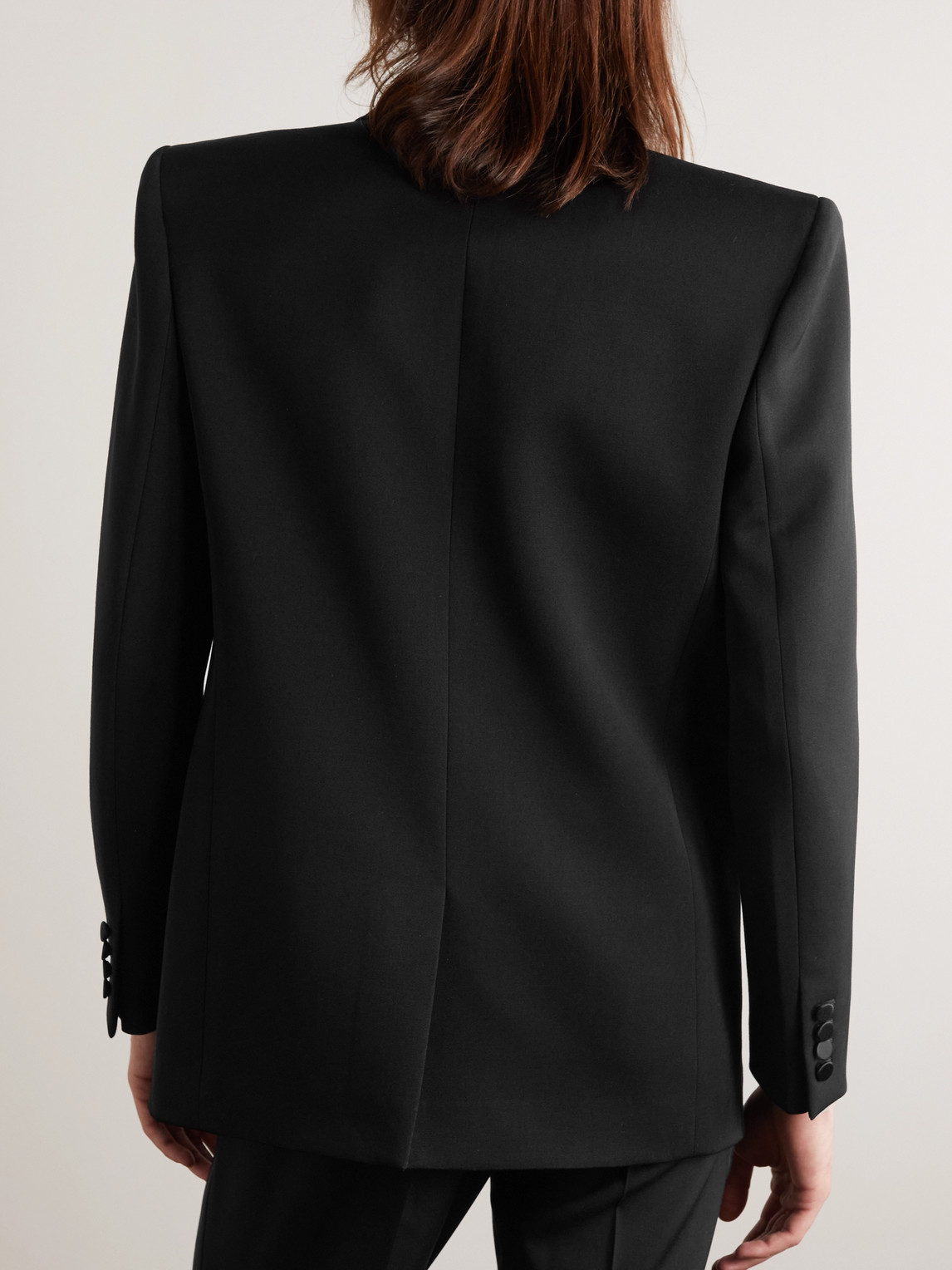 Shop Saint Laurent Double-breasted Satin-trimmed Wool Blazer In Black