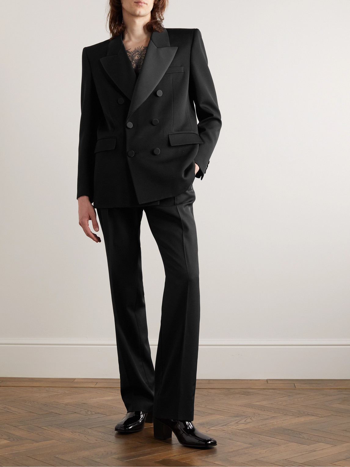 Shop Saint Laurent Double-breasted Satin-trimmed Wool Blazer In Black