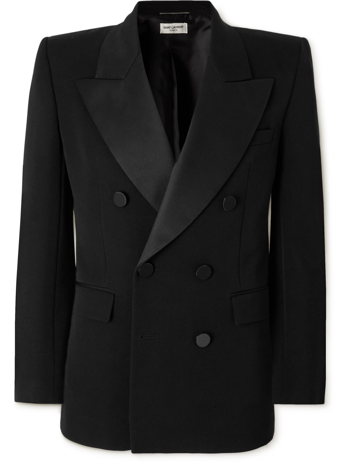 Saint Laurent Double-breasted Satin-trimmed Wool Blazer In Black