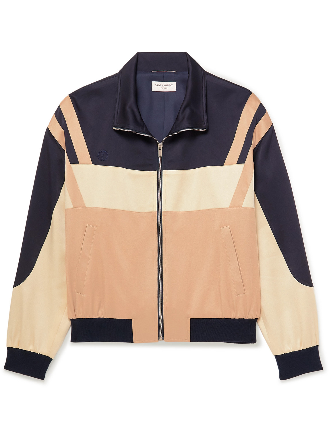 Shop Saint Laurent Panelled Logo-embroidered Satin-jersey Track Jacket In Neutrals