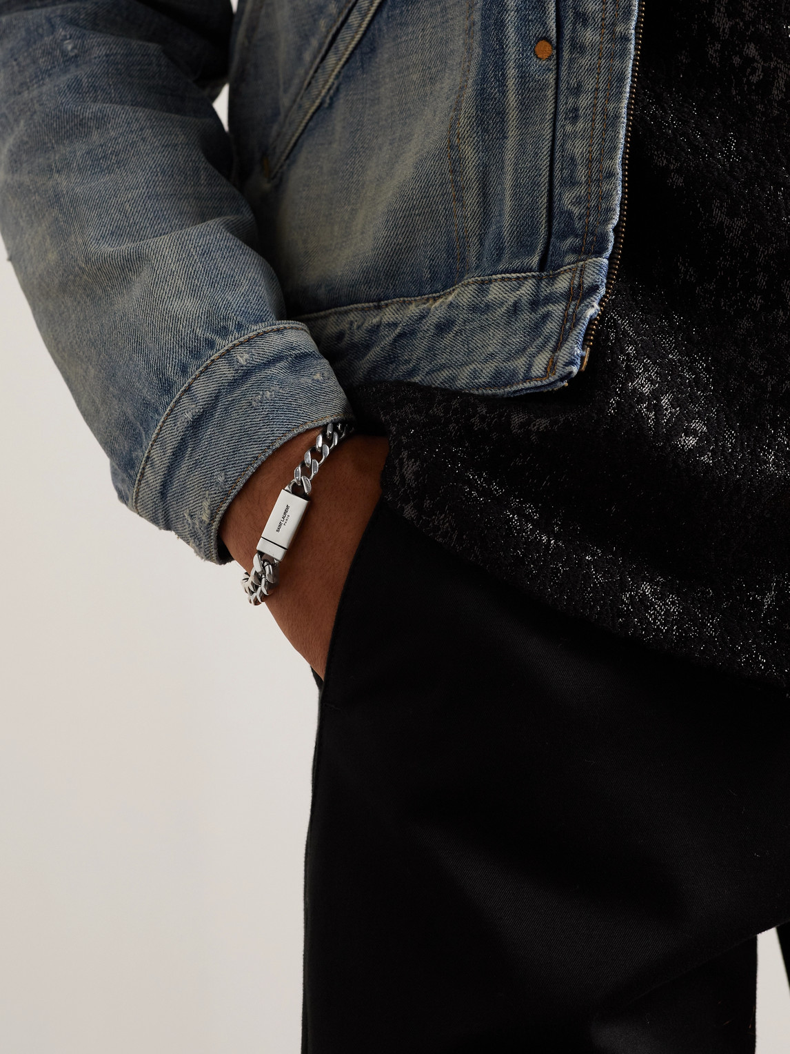 Saint Laurent Engraved-logo Chain-link Bracelet In Silver