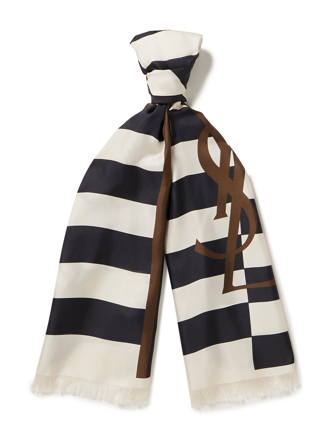 Saint Laurent Frayed Striped Silk-twill Scarf In Black