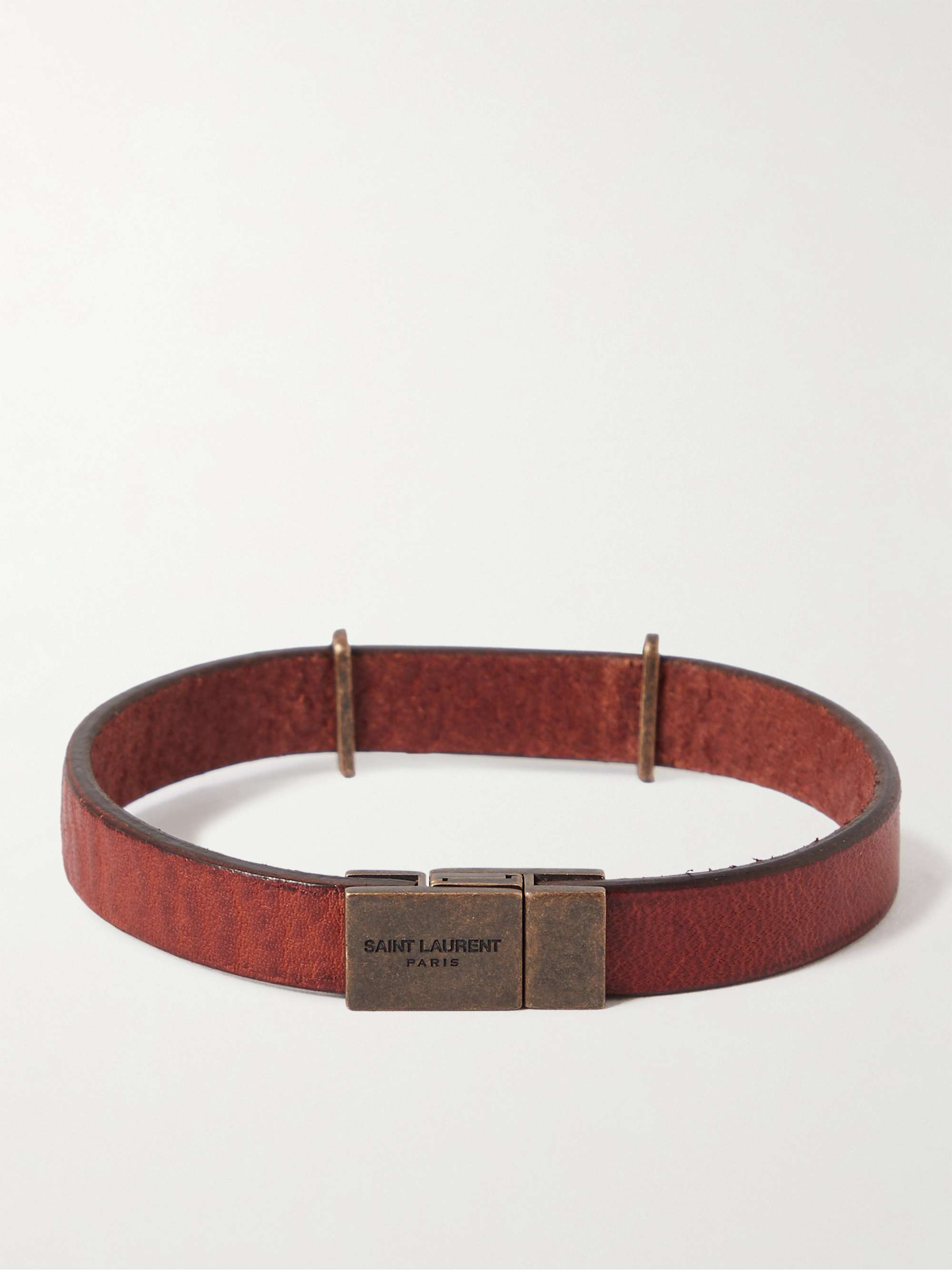 SAINT LAURENT Opyum Leather and Burnished Gold-Tone Bracelet