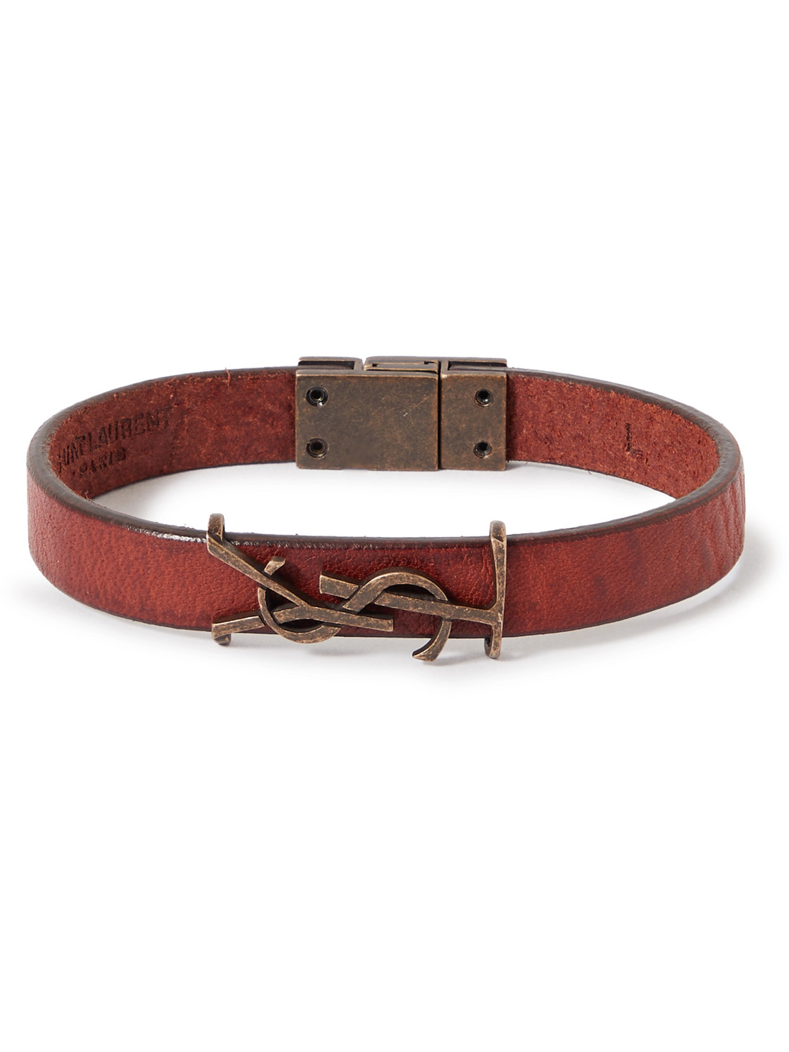 Saint Laurent Opyum Leather And Burnished Gold-tone Bracelet In Brown