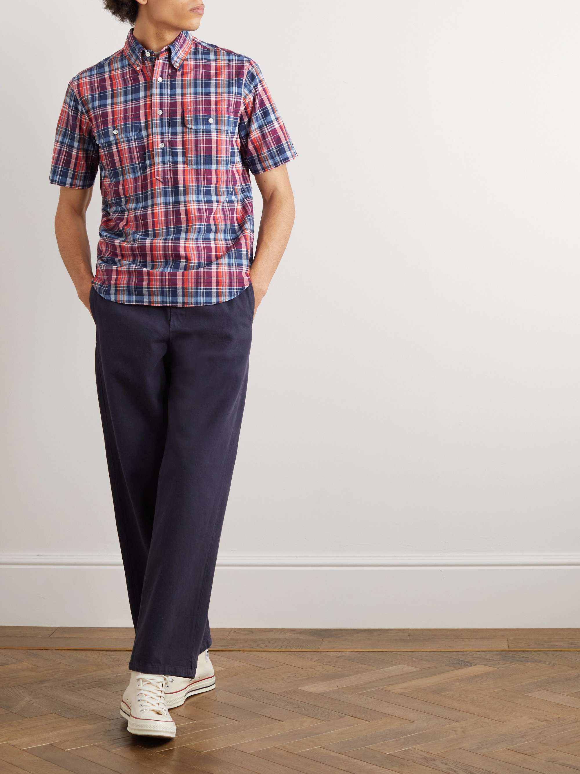 Button-Down Collar Checked Cotton-Madras Shirt