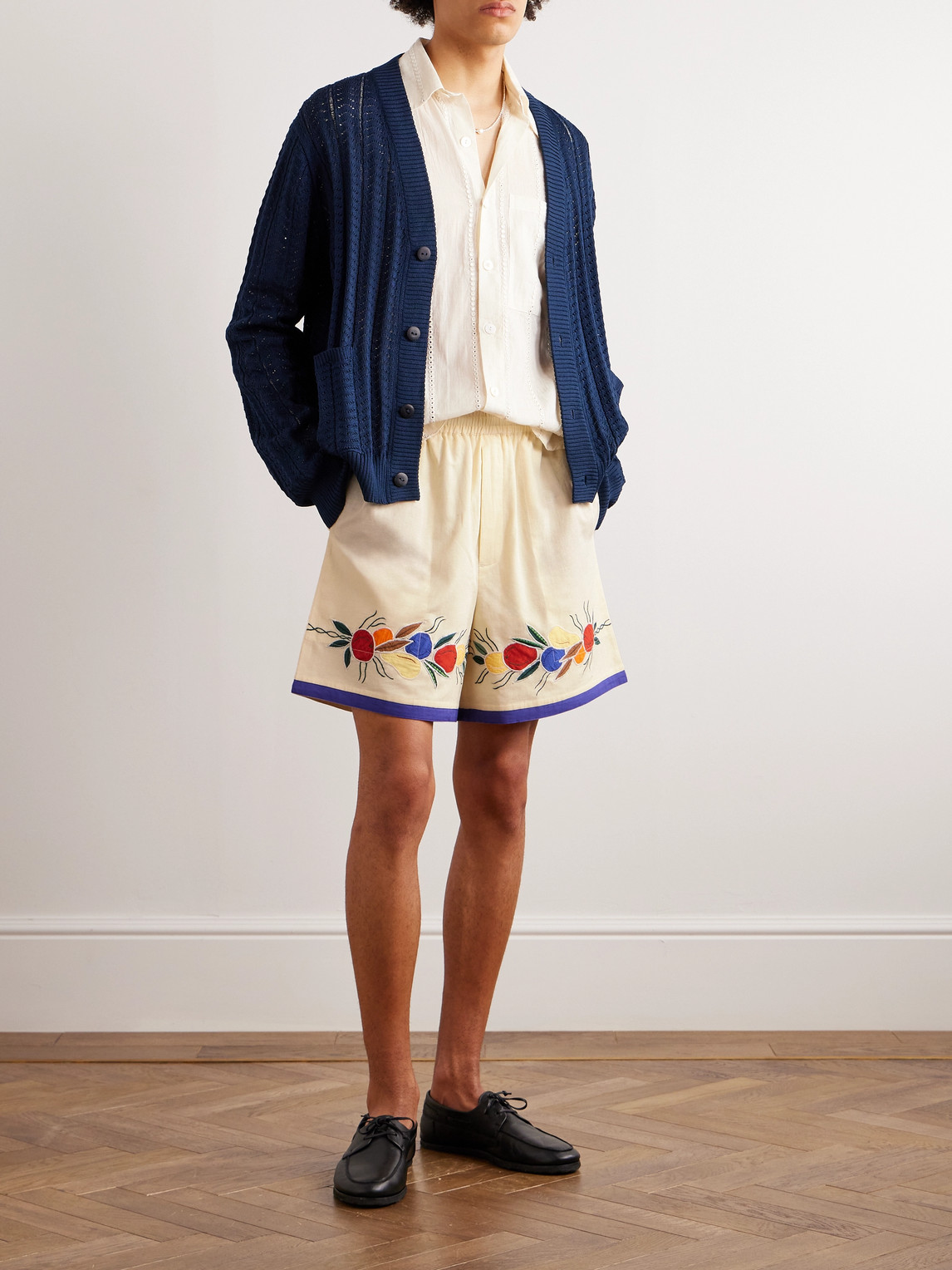 Shop Bode Wide-leg Embroidered Linen And Cotton-blend Shorts In White
