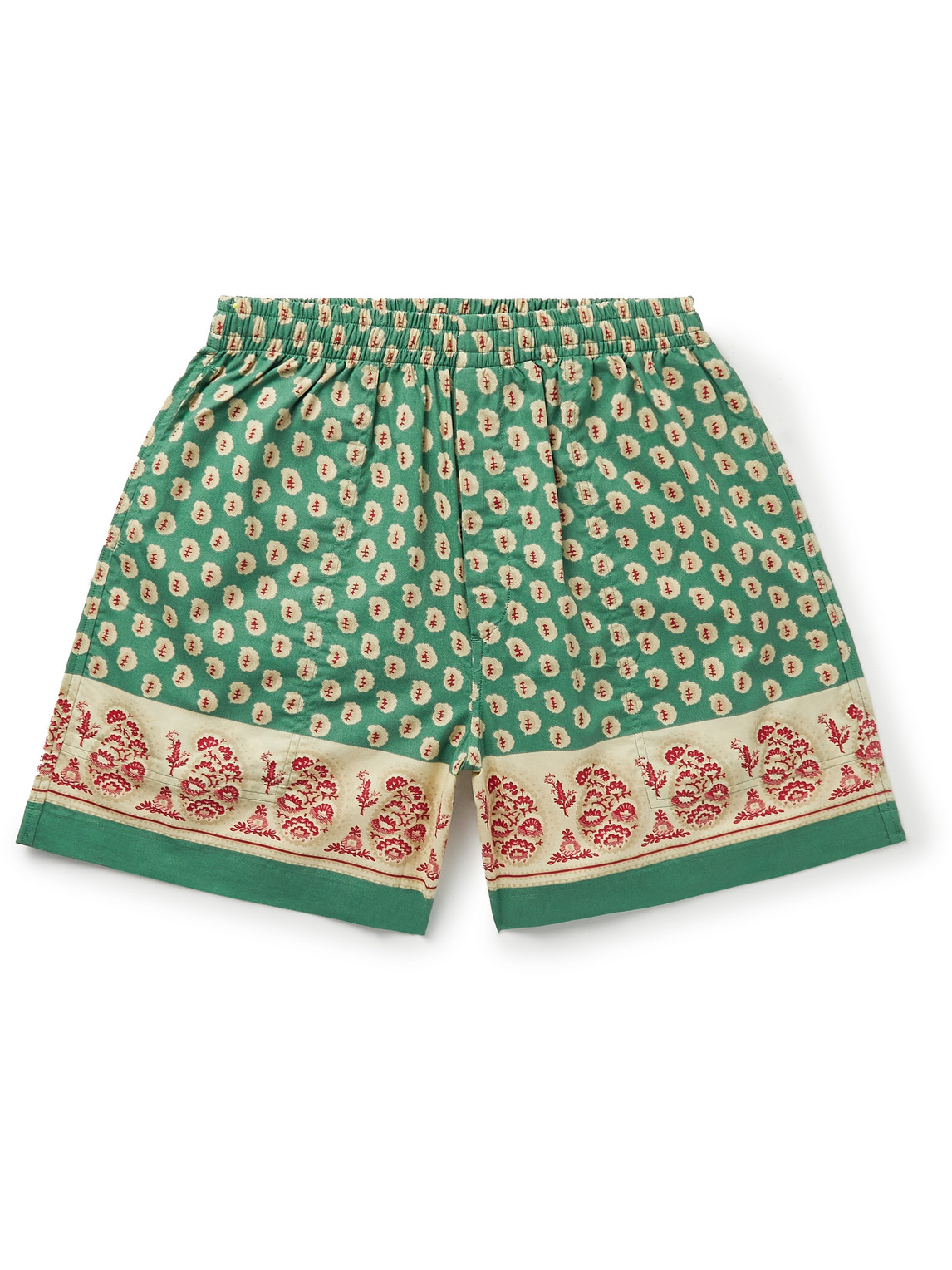 Bode Straight-leg Pleated Printed Cotton Shorts In Green