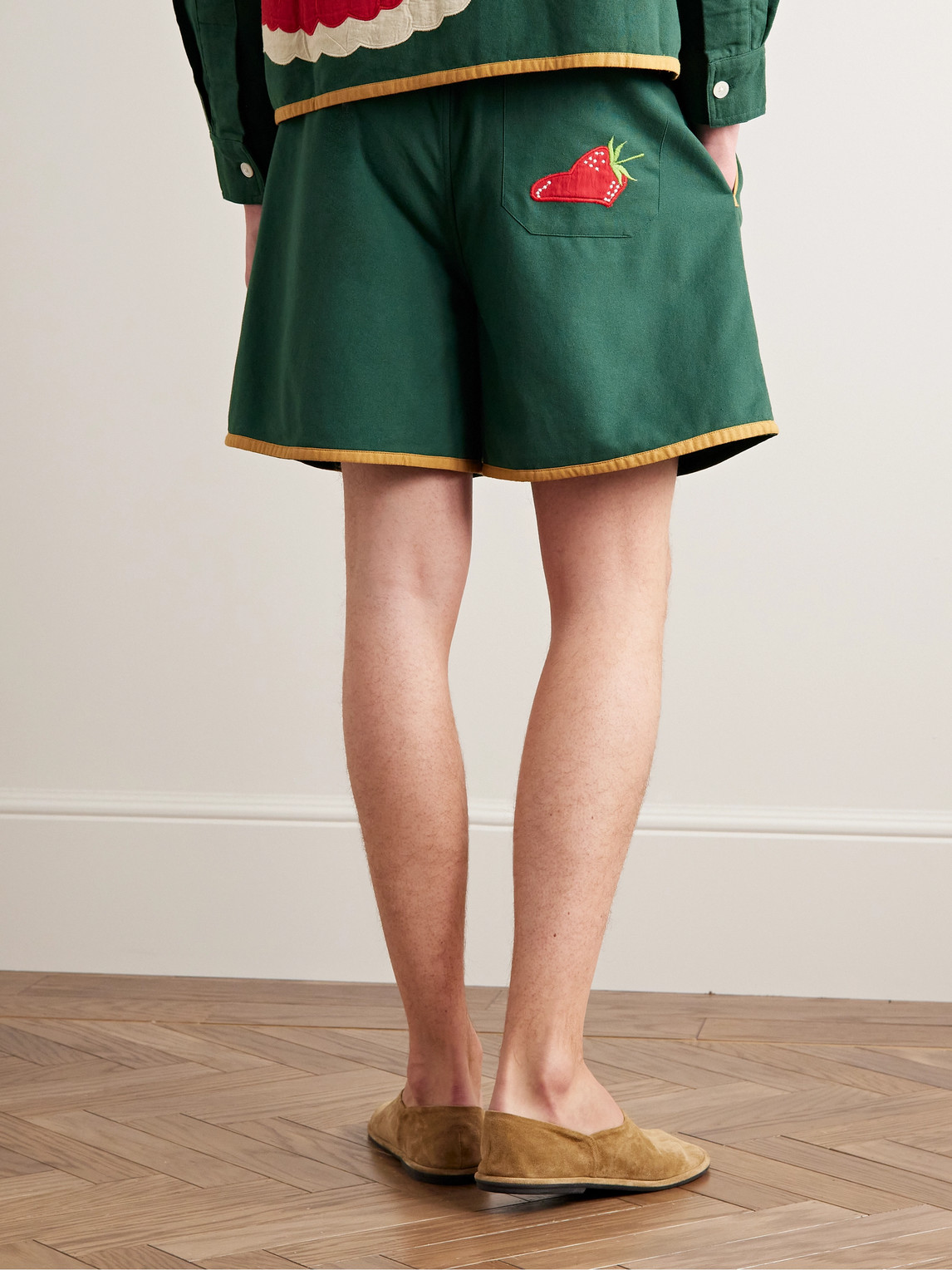 Shop Bode Straight-leg Appliquéd Cotton-canvas Shorts In Green