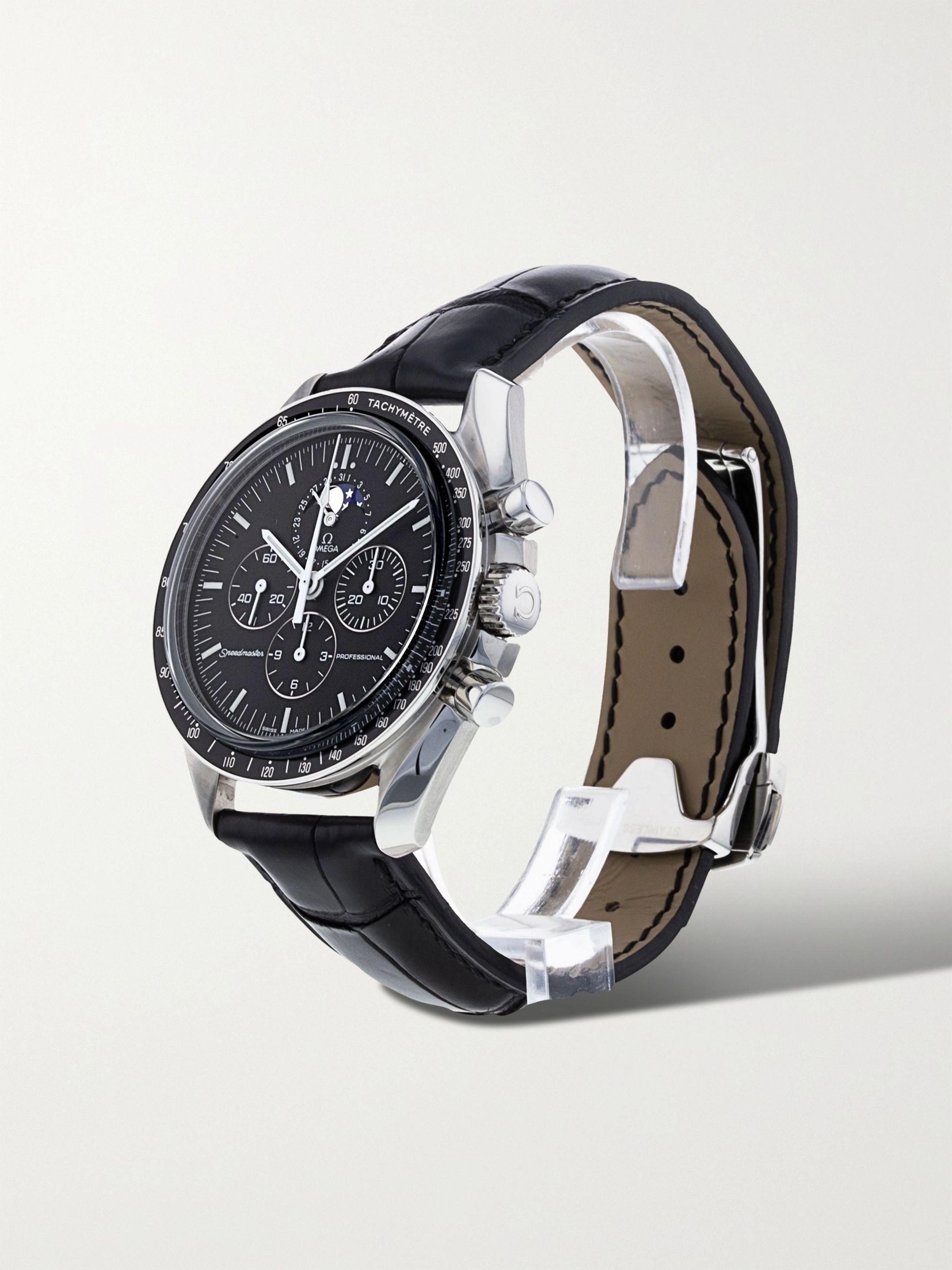 OMEGA Pre-Owned 2019 Speedmaster Hand-Wound Moon-Phase 42mm Stainless Steel and Alligator Watch, Ref. No. 3876.50.31