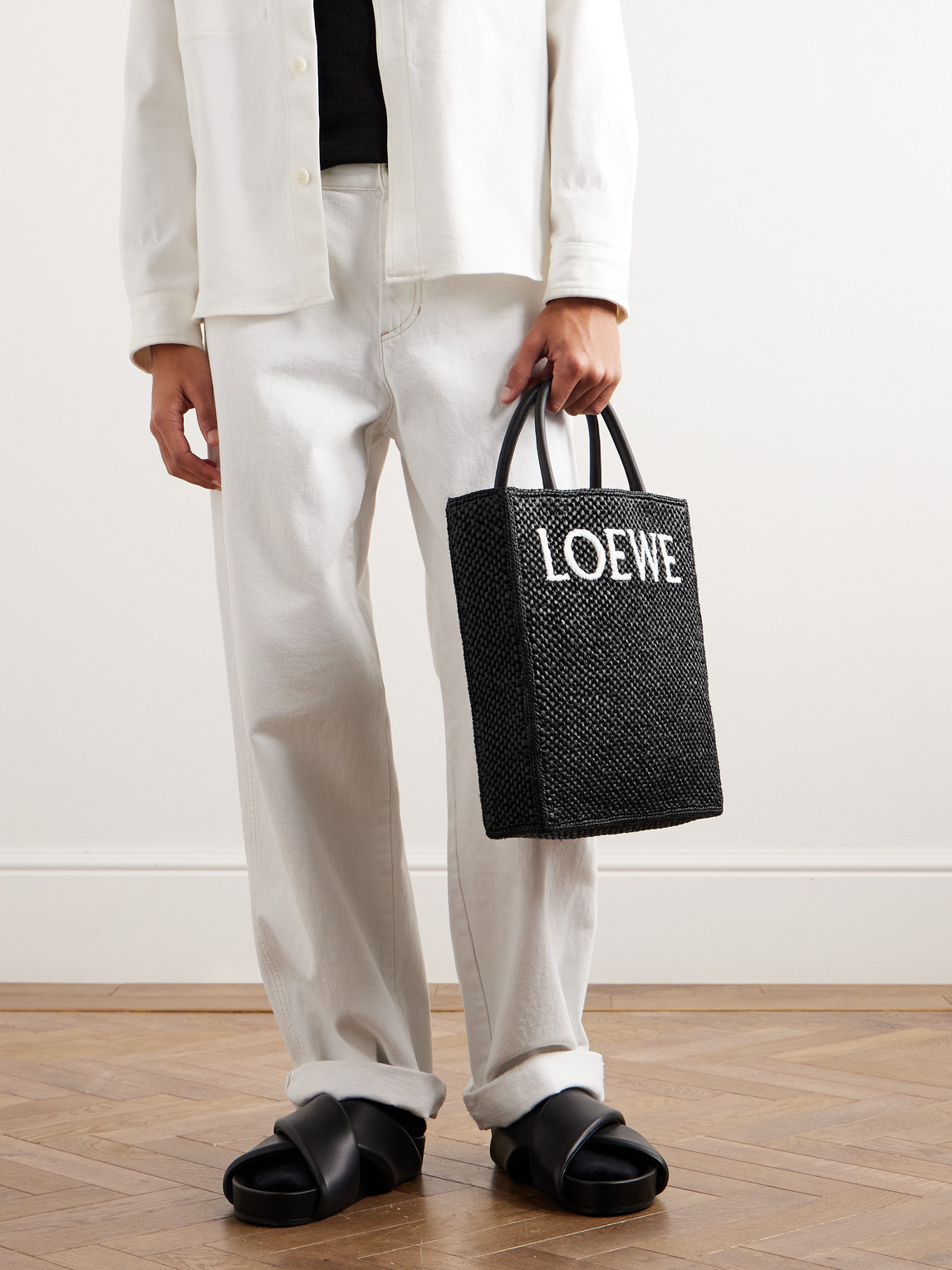 Shop Loewe Standard A4 Logo-embroidered Raffia Tote Bag In Black