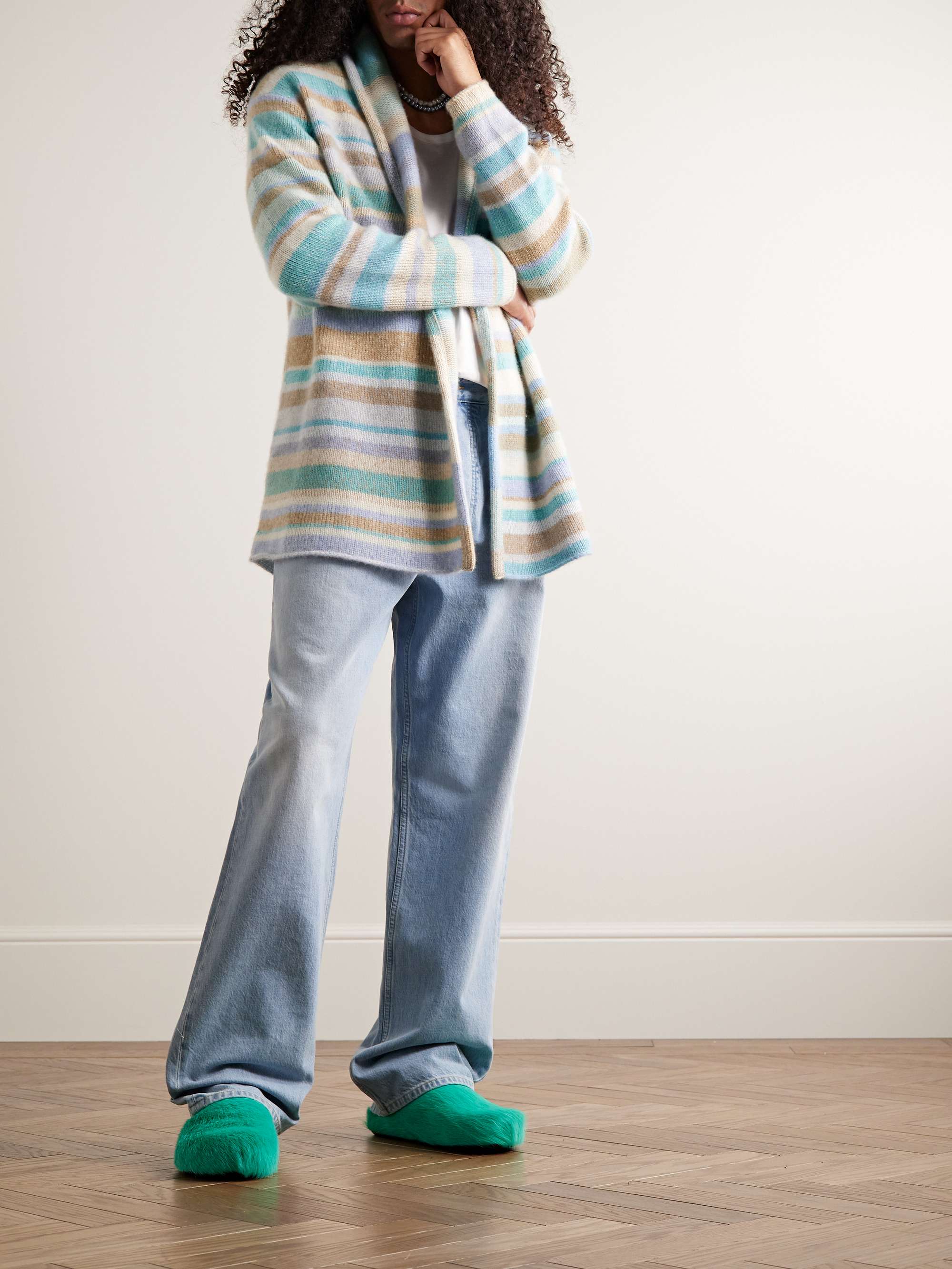 THE ELDER STATESMAN Shawl-Collar Striped Cashmere Cardigan
