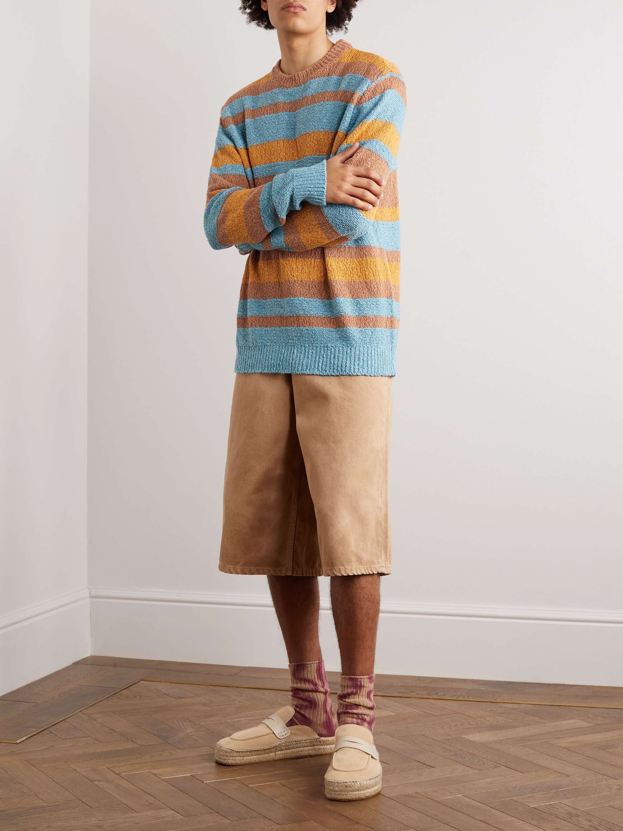 THE ELDER STATESMAN Striped Cotton, Linen and Silk-Blend Sweater