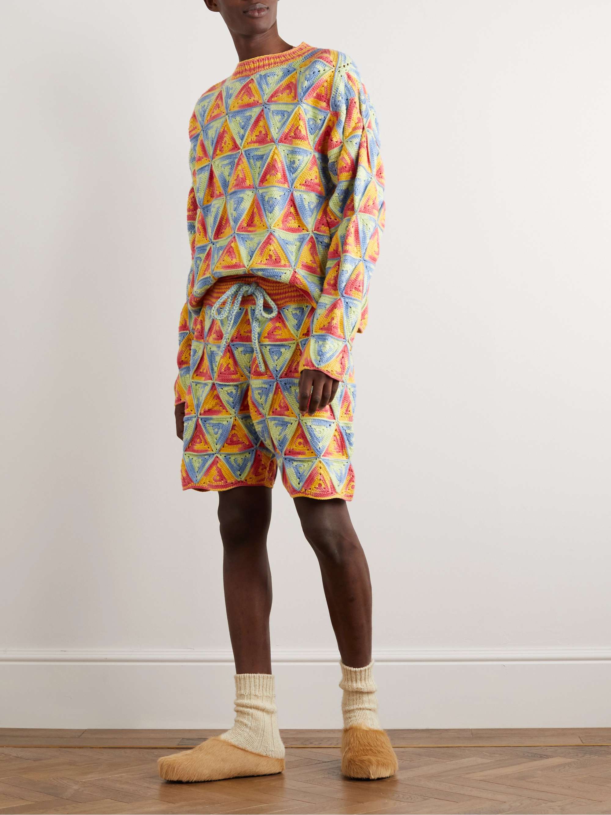 THE ELDER STATESMAN Solar Straight-Leg Crocheted Cotton Drawstring Shorts