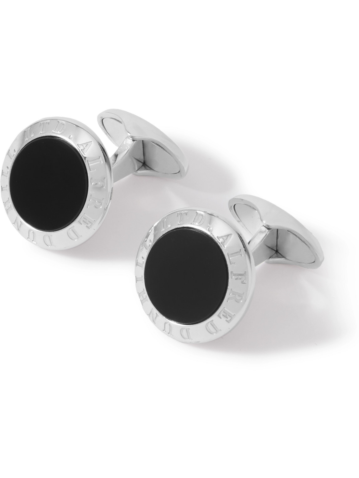 DUNHILL LOGO-ENGRAVED SILVER-TONE ONYX CUFFLINKS