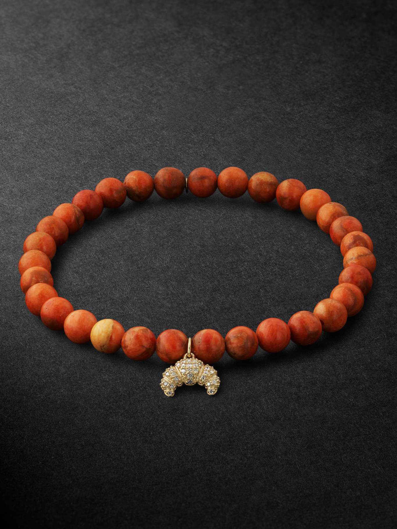 Sydney Evan Croissant Gold, Coral And Diamond Beaded Bracelet In Orange