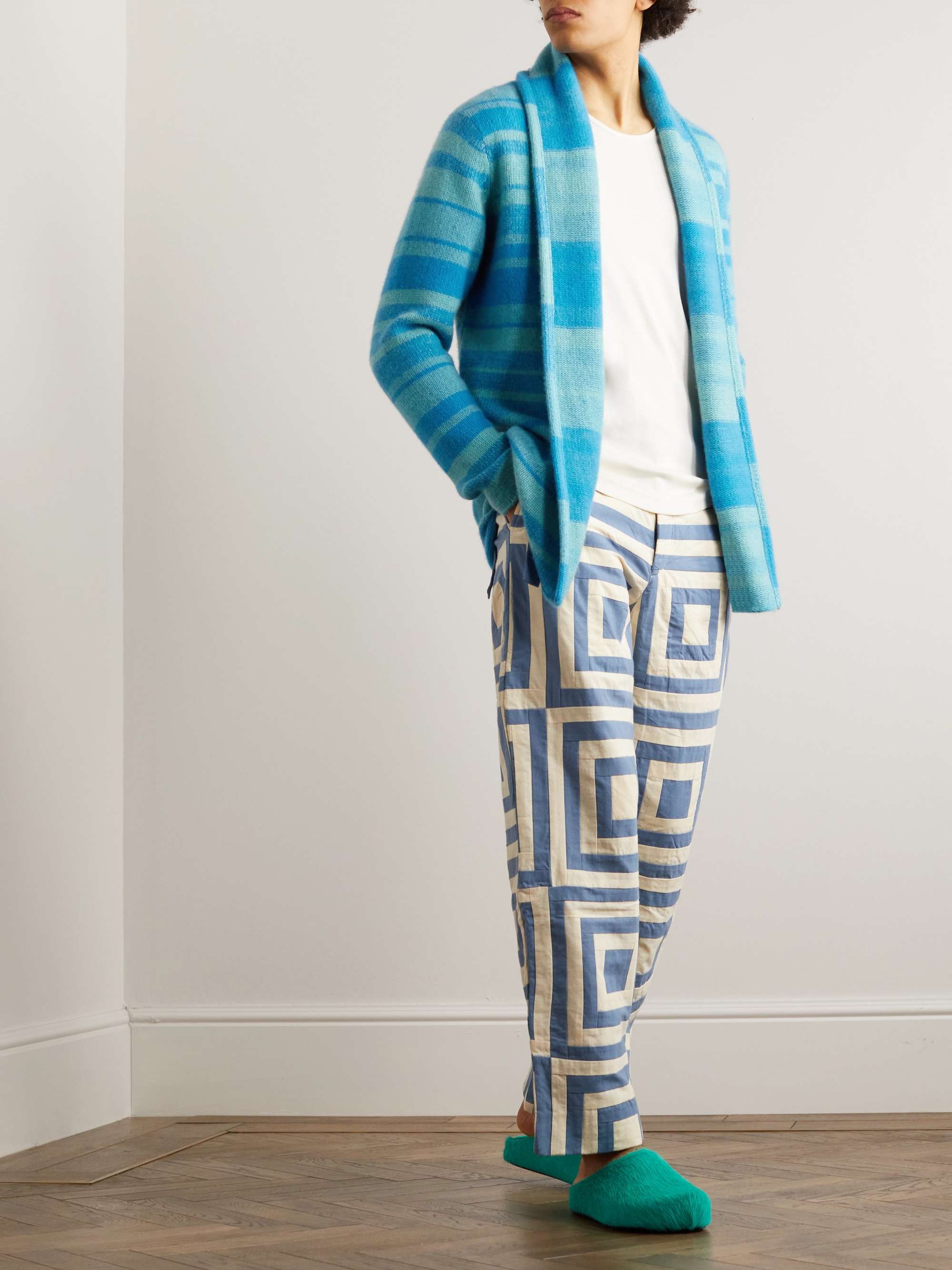 THE ELDER STATESMAN Shawl-Collar Striped Cashmere Cardigan