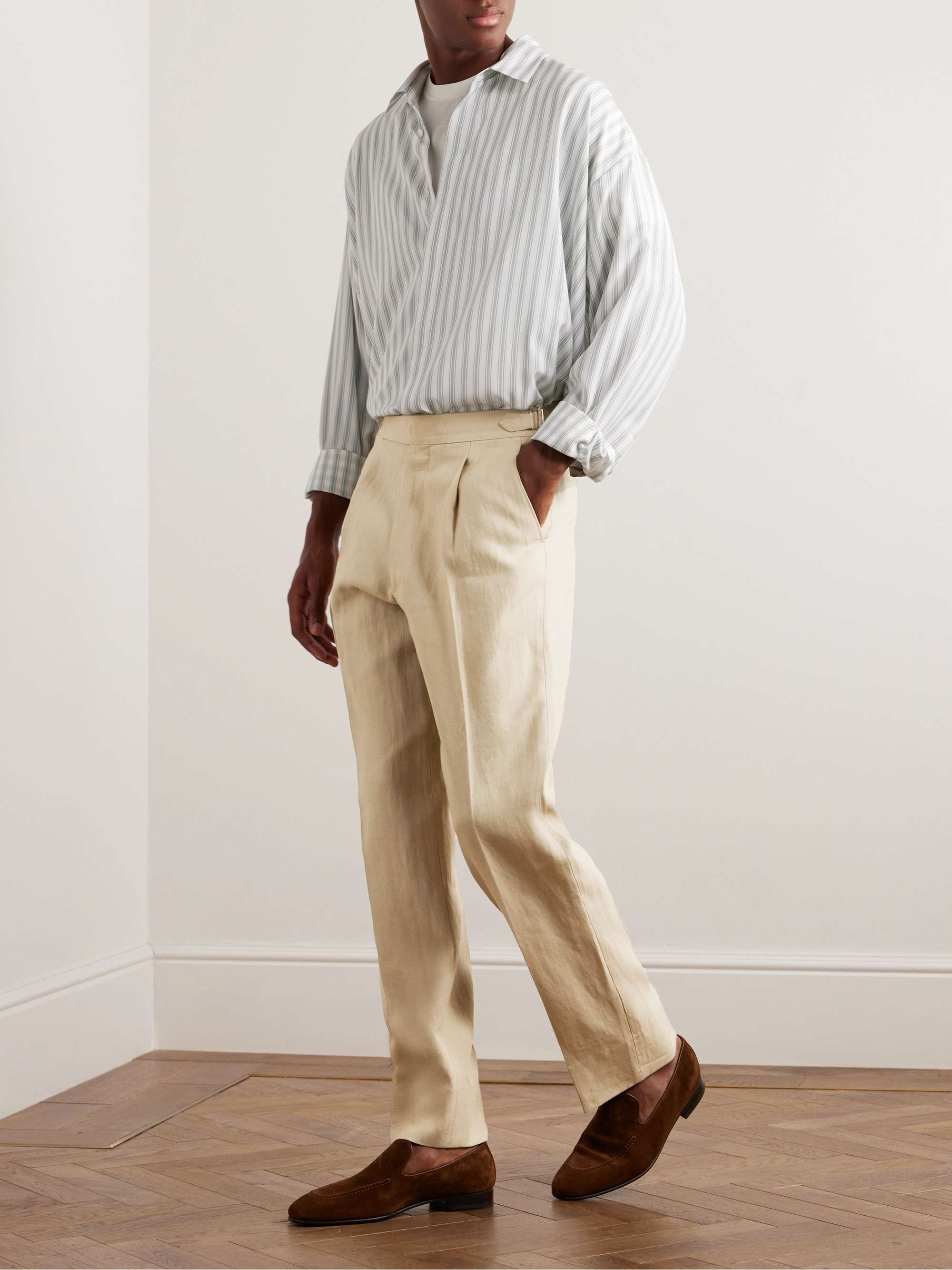 Slim-Fit Straight-Leg Pleated Linen Trousers