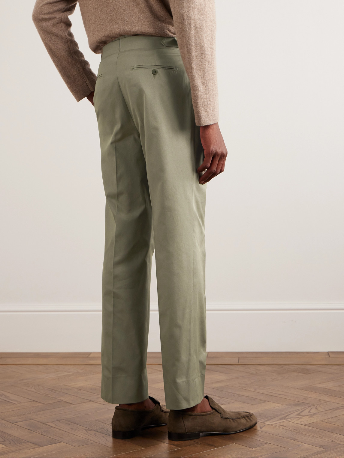 Shop Stòffa Tapered Pleated Cotton-twill Trousers In Green