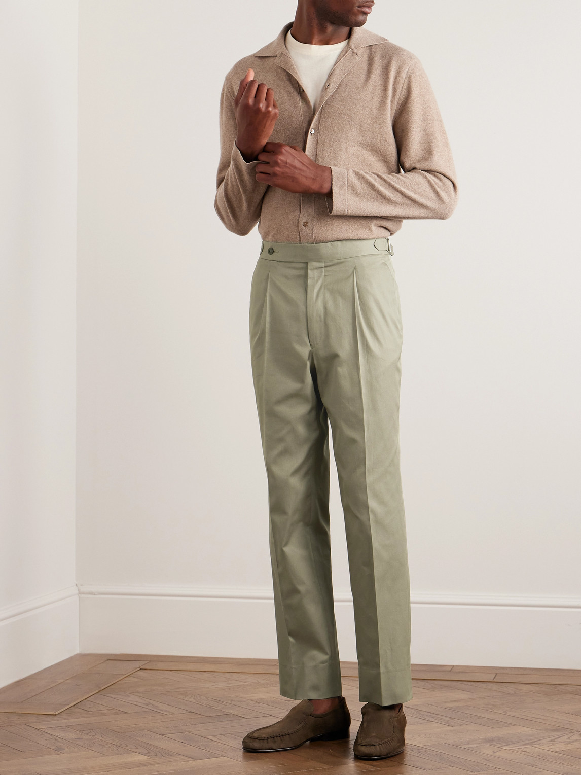 Shop Stòffa Tapered Pleated Cotton-twill Trousers In Green