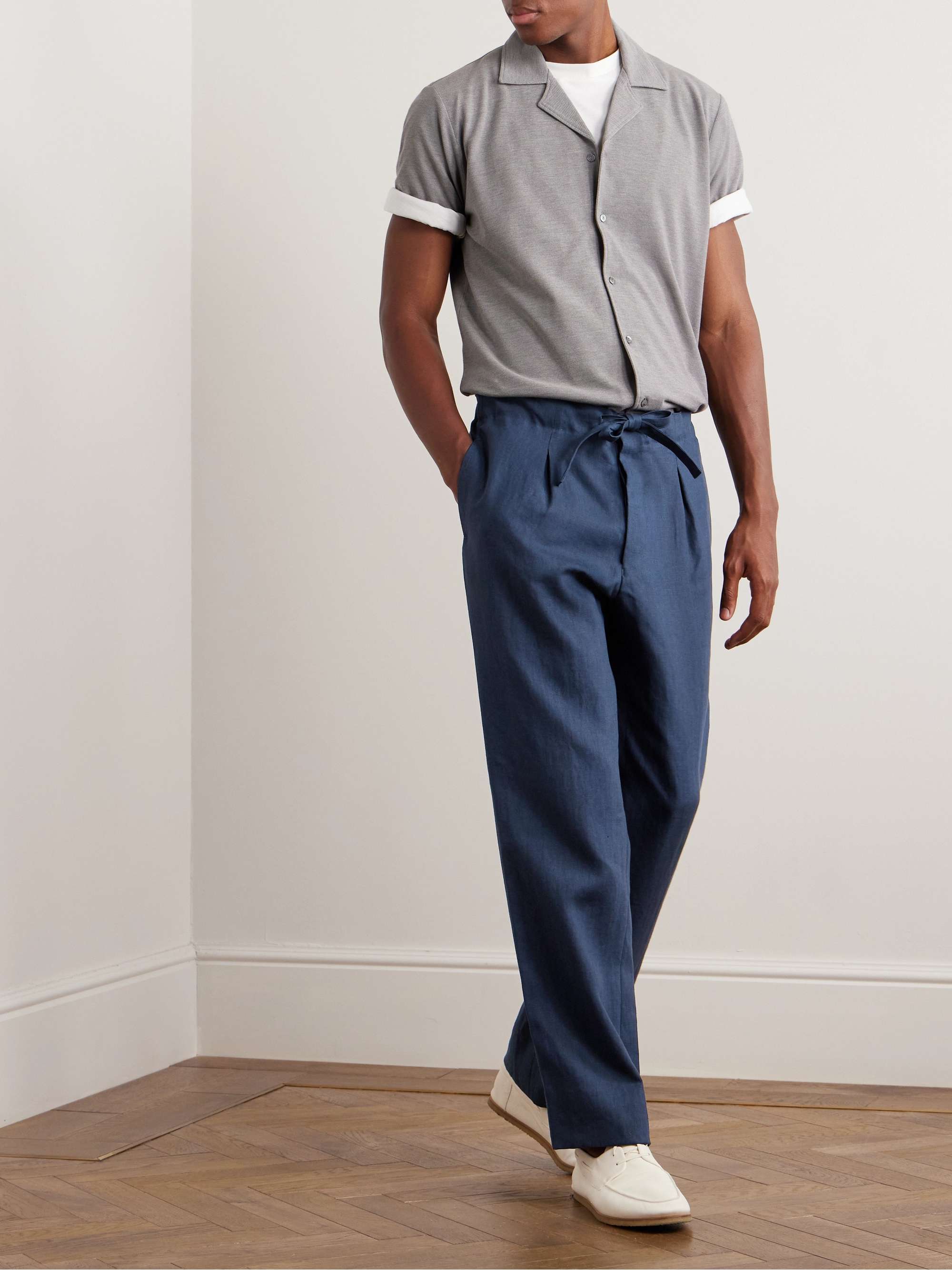 Slim-Fit Straight-Leg Linen Drawstring Trousers