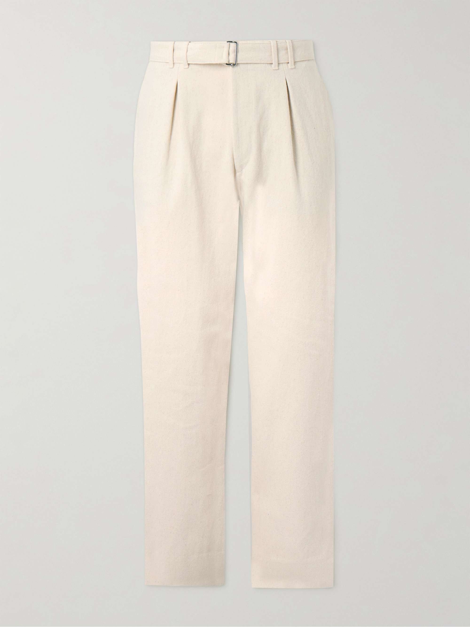 Tapered Pleated Belted Cotton-Twill Trousers