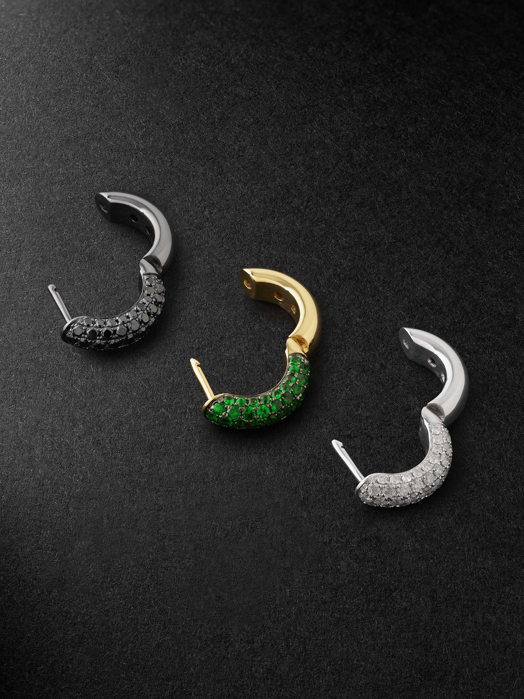 YVONNE LÉON Set of Three Black, White and Yellow Gold Diamond and Tsavorites Hoop Earrings