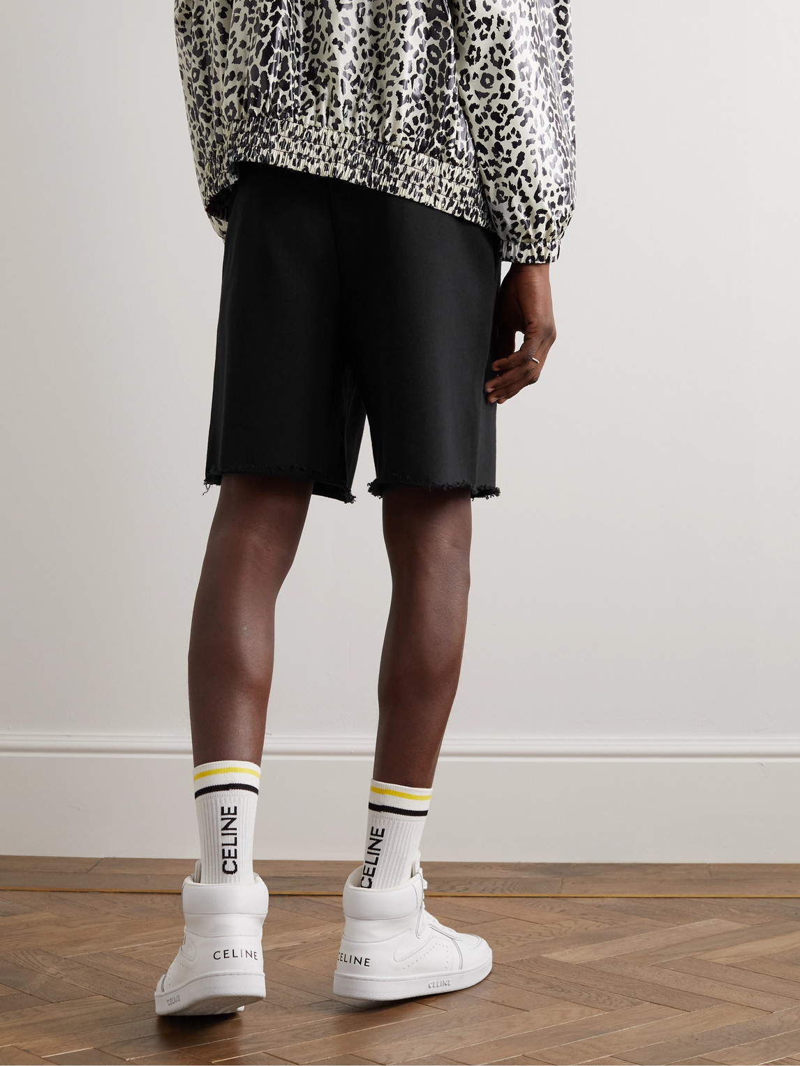 Celine Straight-leg Logo-embroidered Cotton-jersey Drawstring Shorts In Black